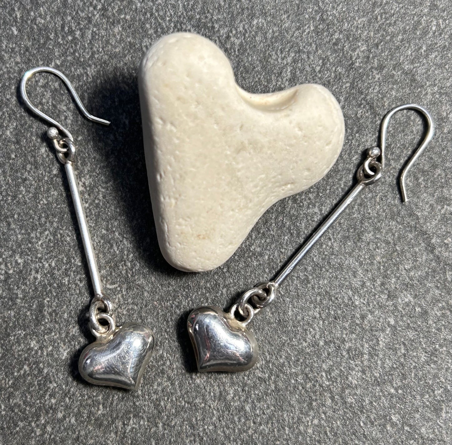 Vintage Sterling Silver Puff Heart Dangle Earrings