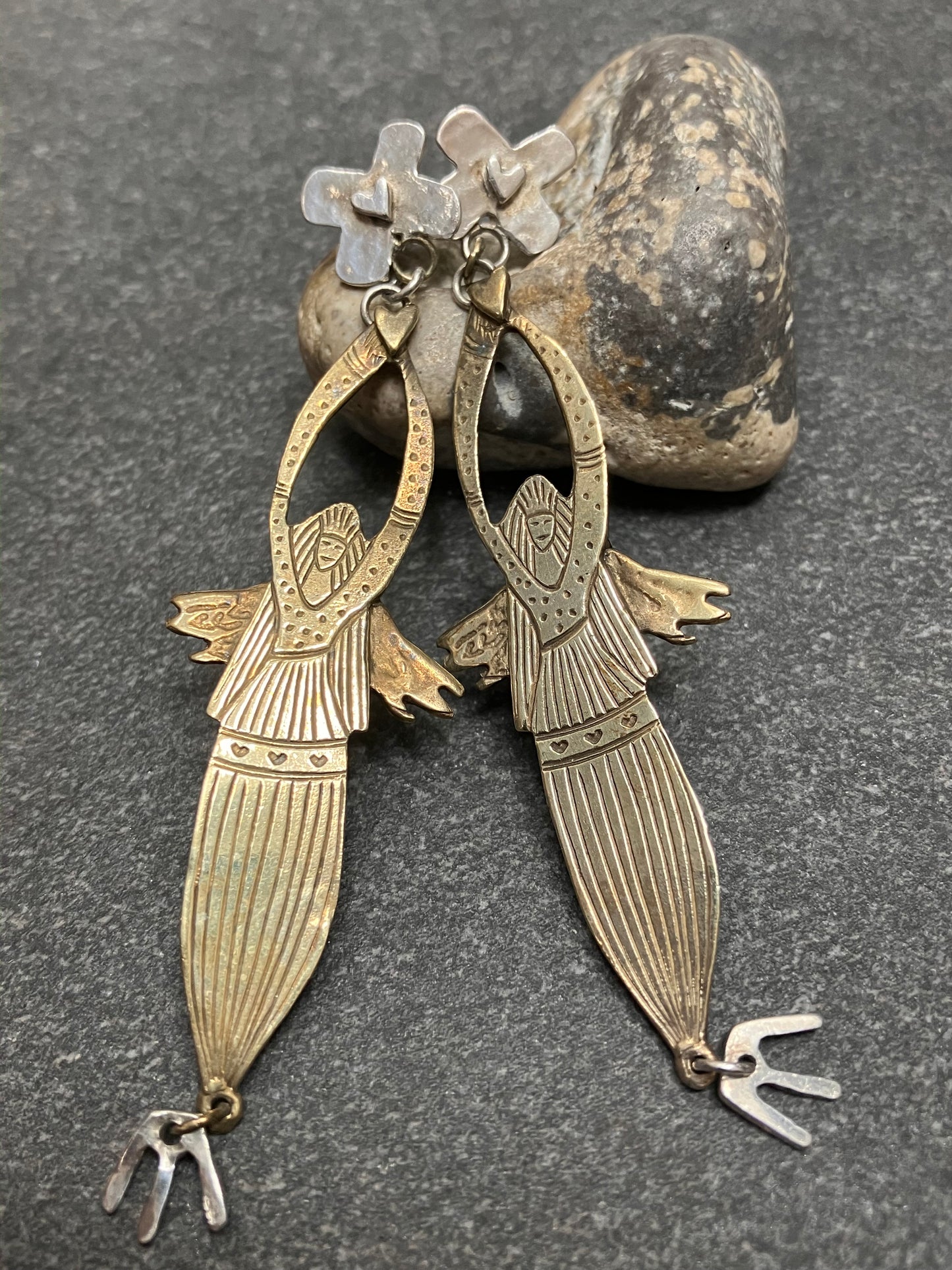 Vintage sterling silver and brass artisan earrings.