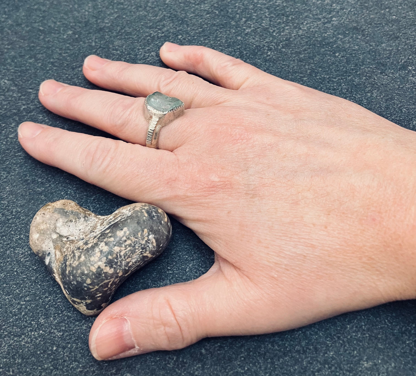 Artisan vintage ‘one off’ raw cut piece of aquamarine crystal ring.