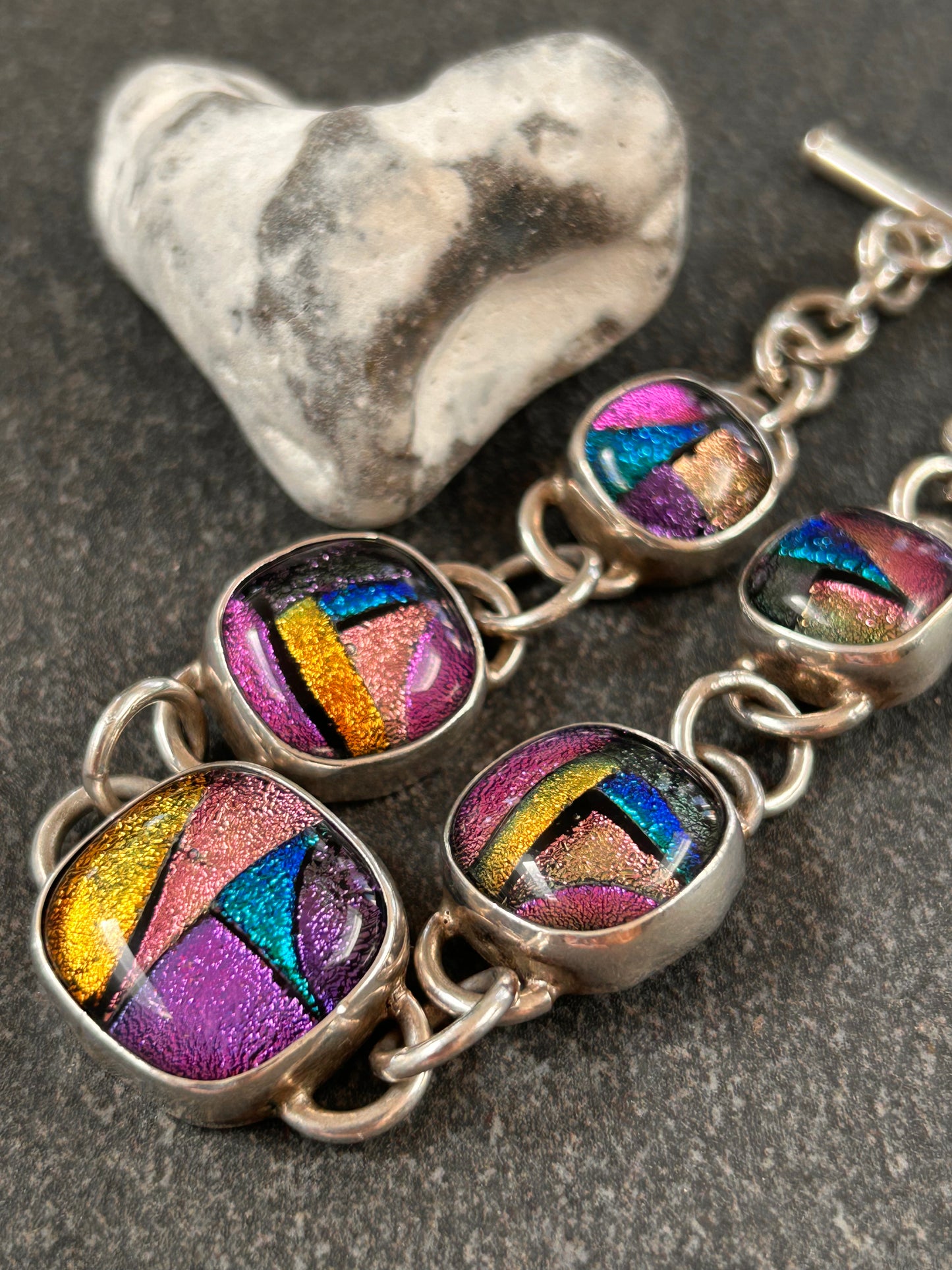 Vintage Sterling Silver Dichroic Glass Bracelet – Statement Piece