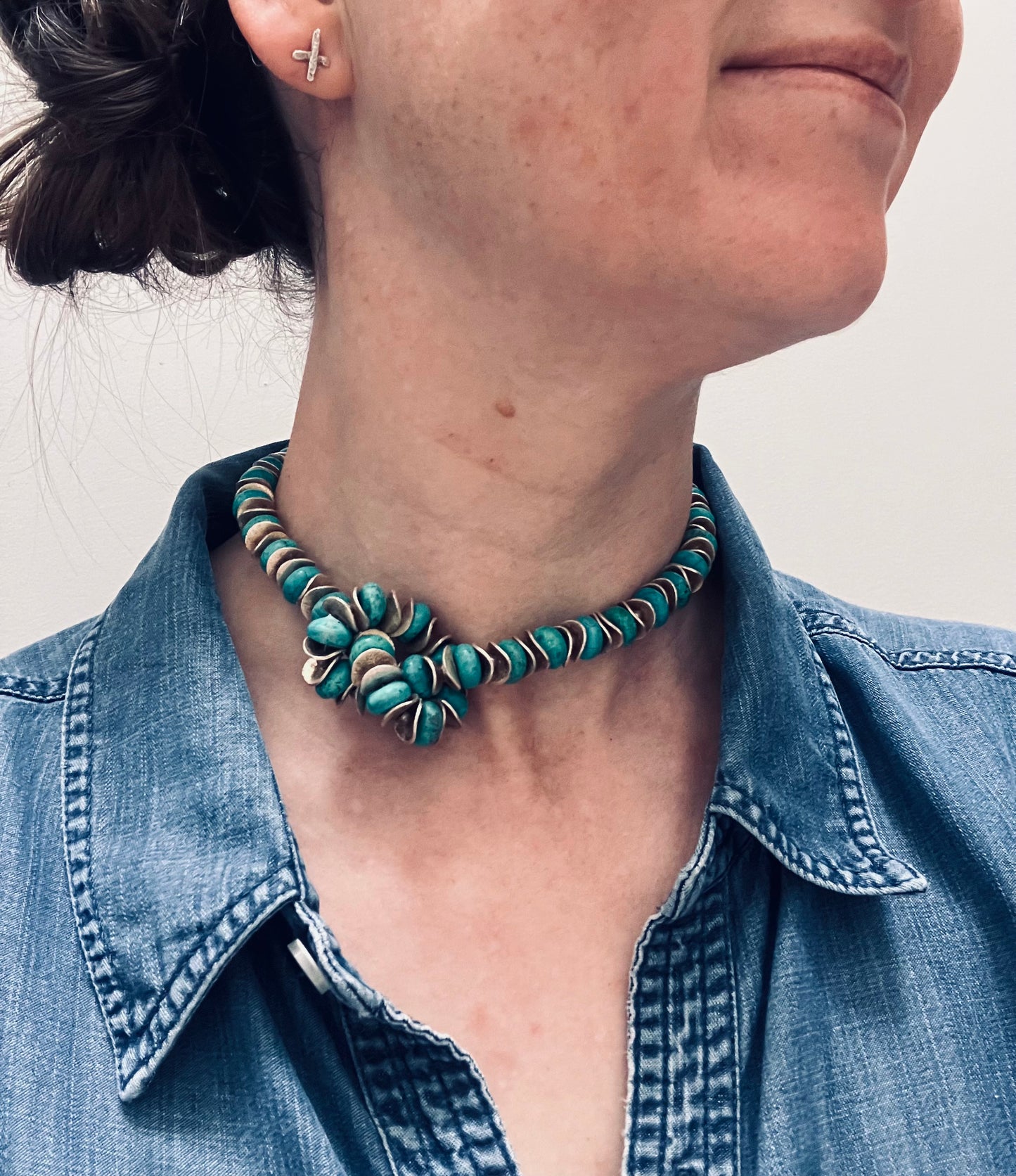 Absolutely stunning artisan made sterling silver and turquoise bead necklace.