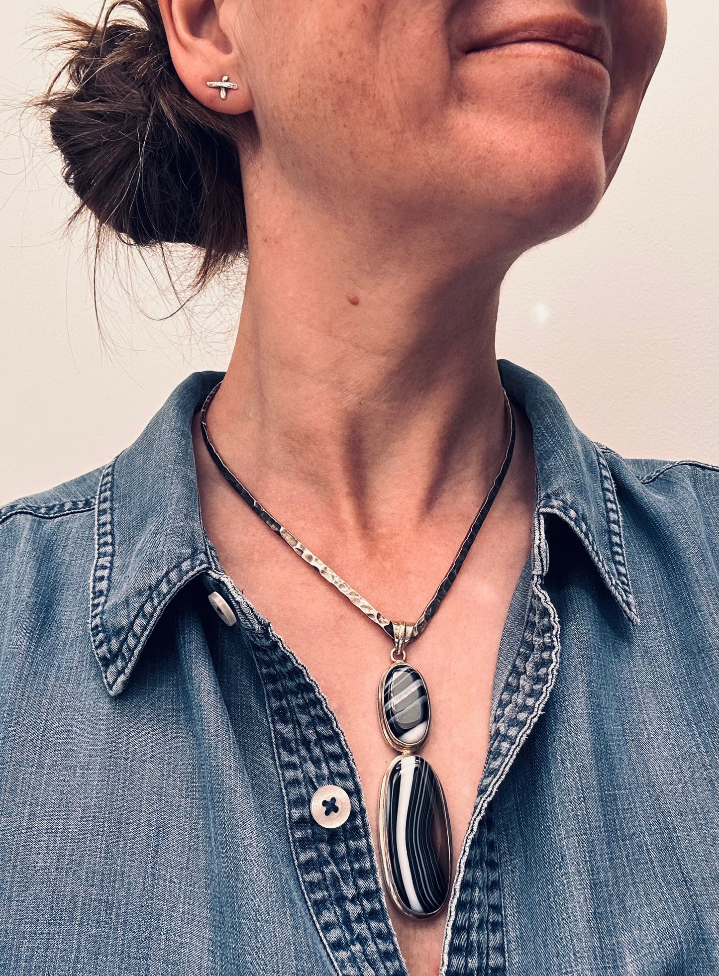 Vintage Sterling Silver Black Banded Agate Statement Pendant.