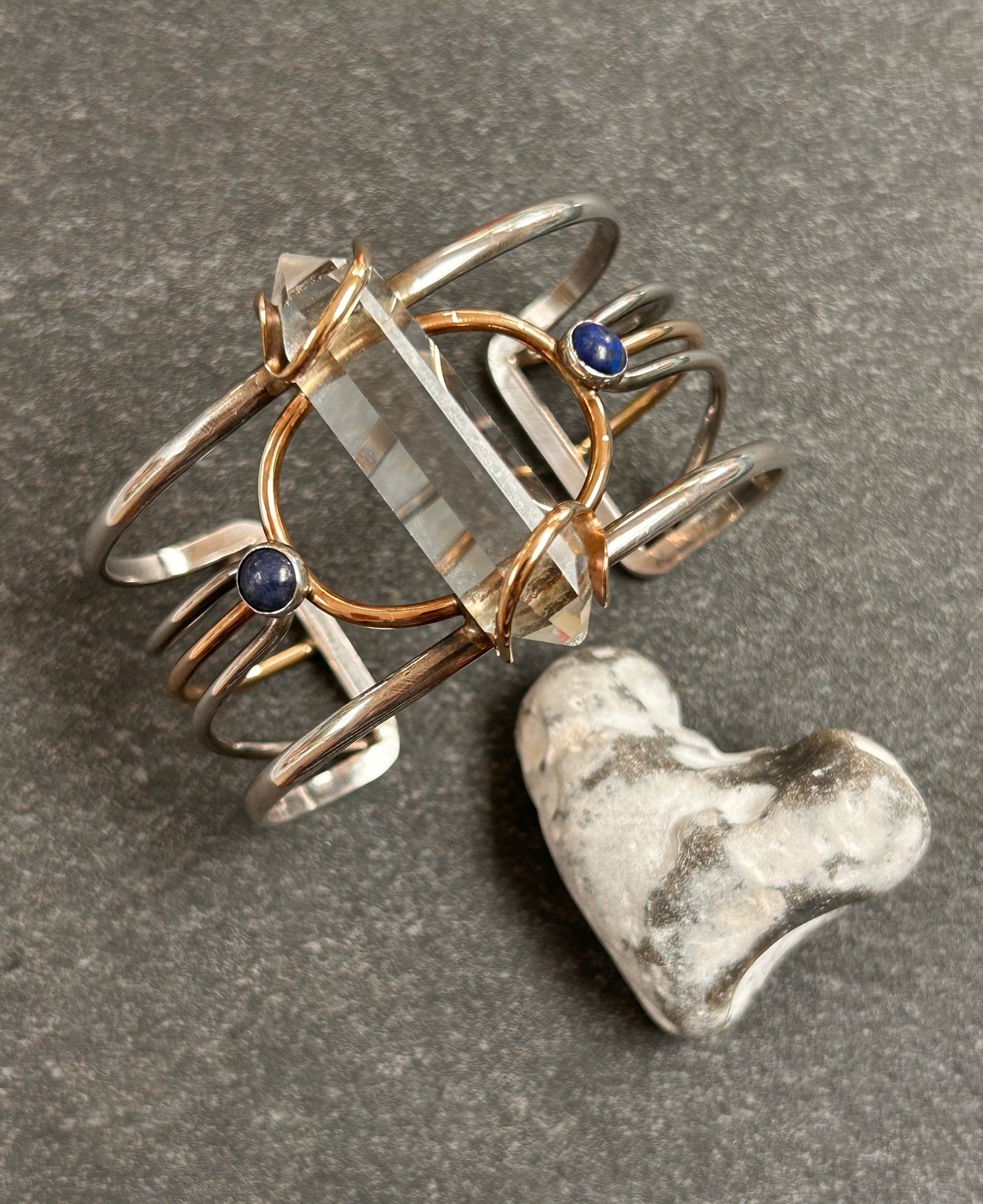 Exceptional Vintage Uma Silbey Sterling Silver, Copper, Quartz and Lapis Lazuli Bangle – Collector's Piece