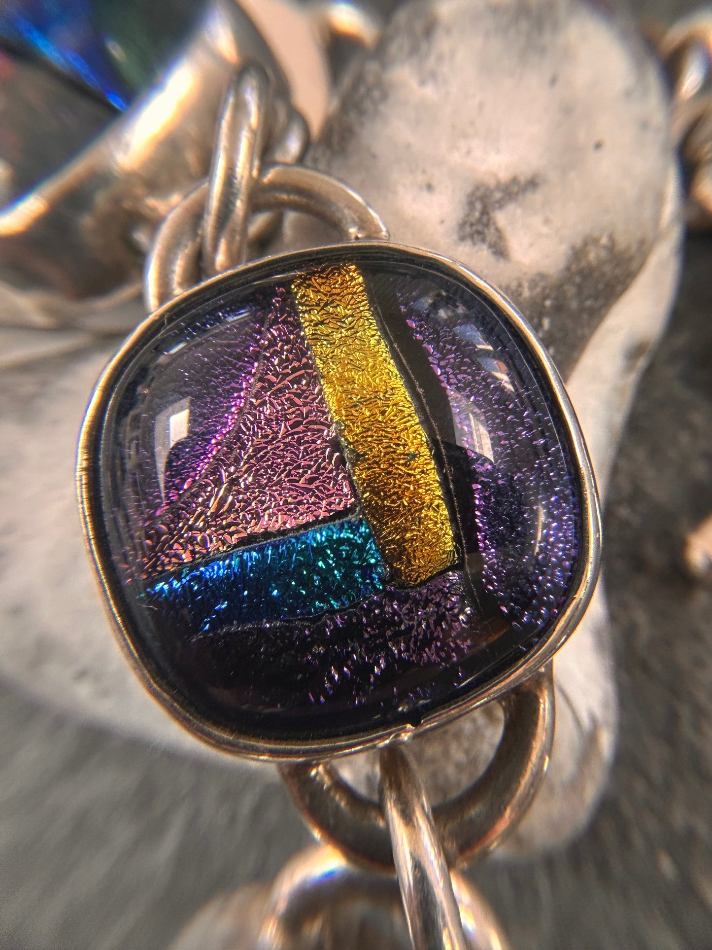 Vintage Sterling Silver Dichroic Glass Bracelet – Statement Piece