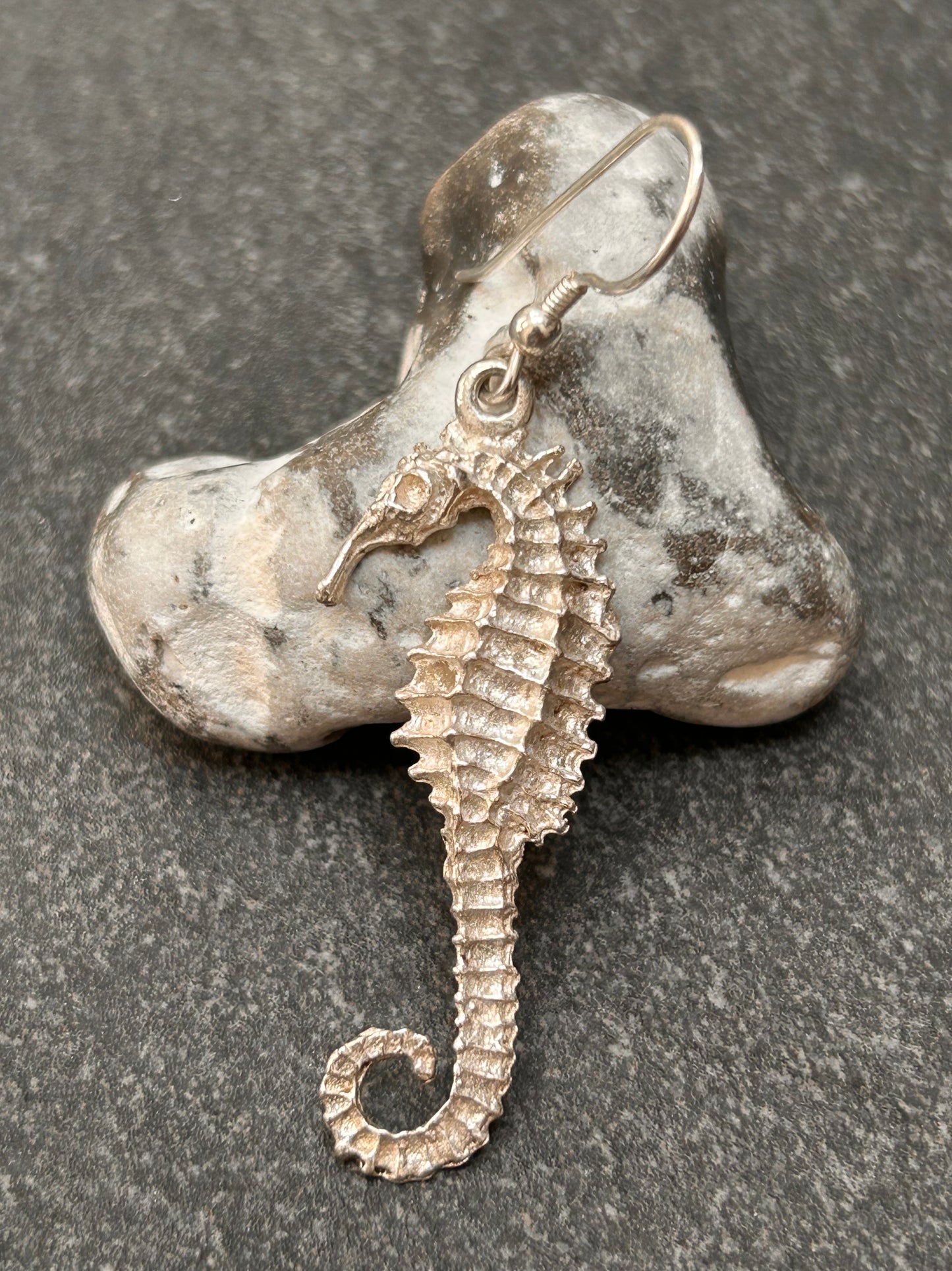 Vintage Artisan Sand-Cast Sterling Silver Seahorse Earrings