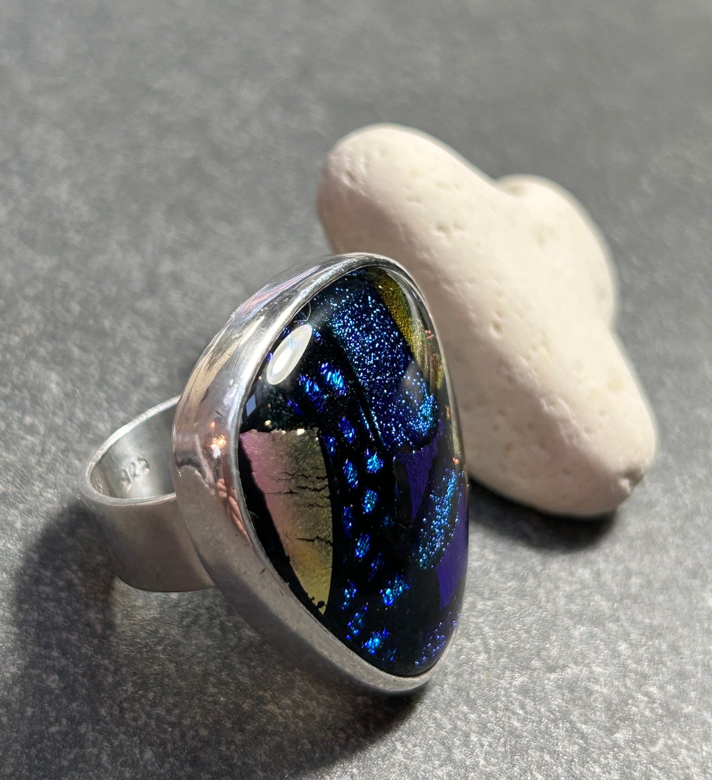Dramatic dichroic glass cocktail ring