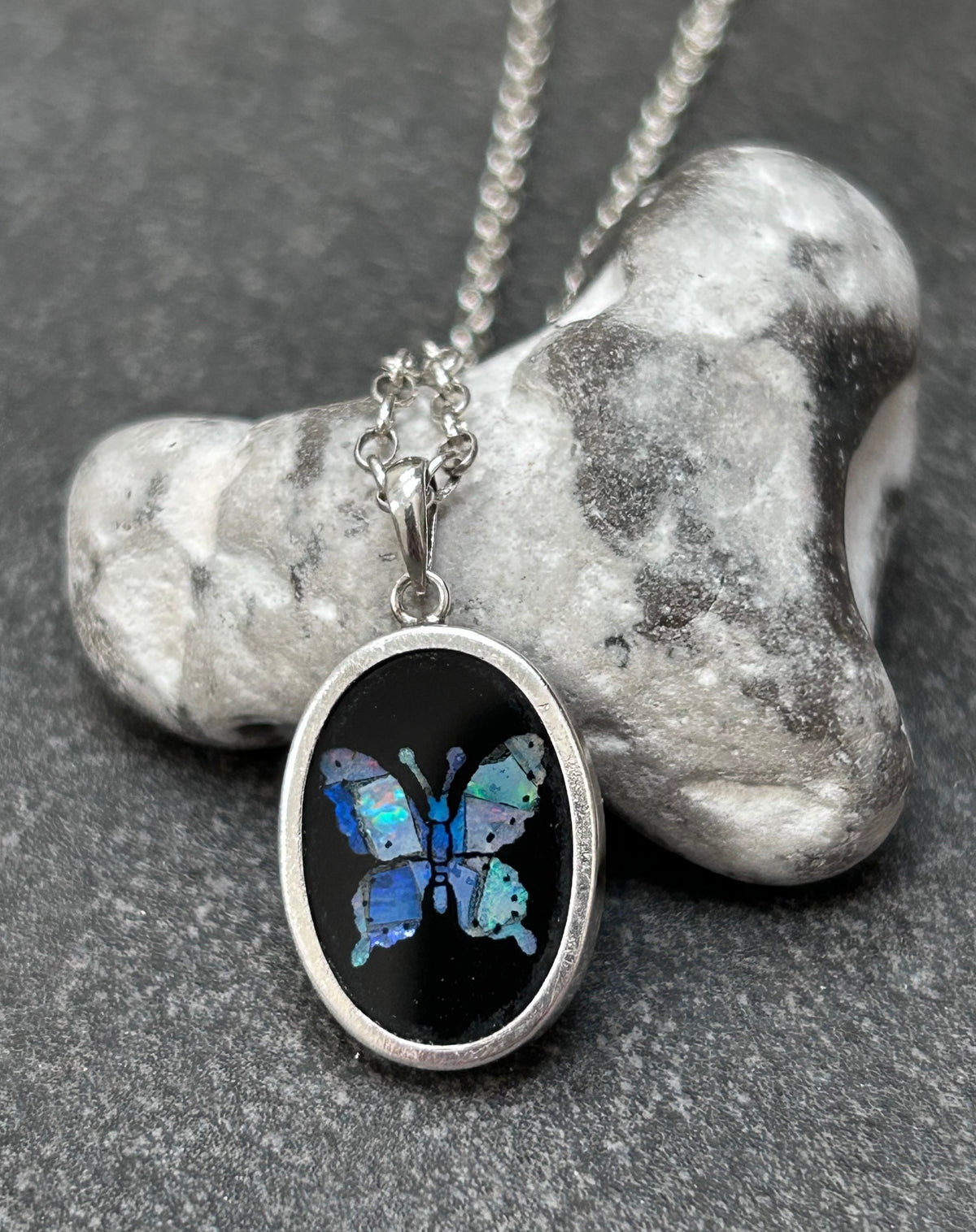 Vintage Sterling Silver, Black Onyx & Opal Butterfly Necklace