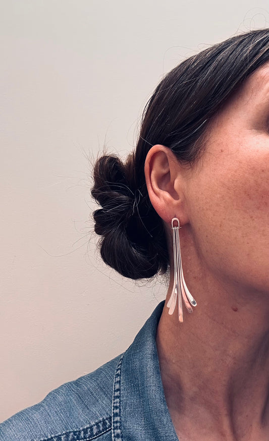 Beautiful vintage sterling silver statement earrings with a striking Art Deco–inspired fan design