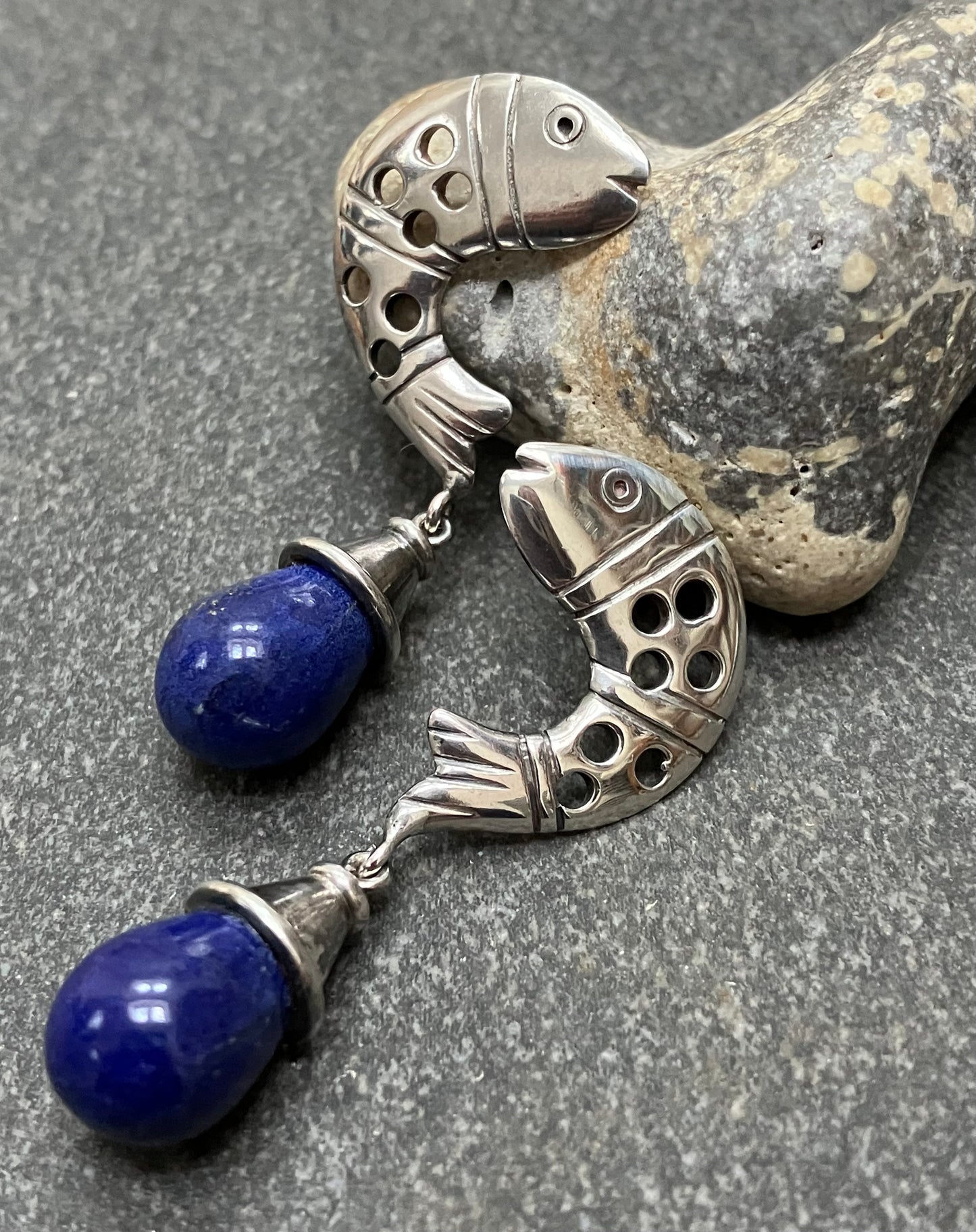 Fantastic vintage sterling silver and lapis lazuli fish earrings. 1996