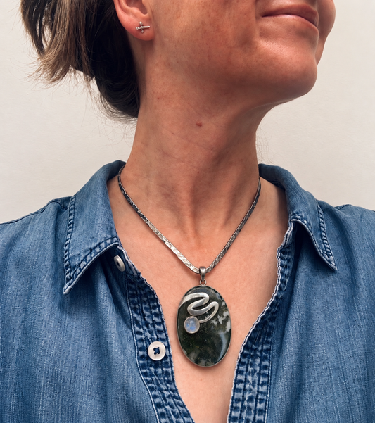 Moss Agate & Moonstone Statement Pendant