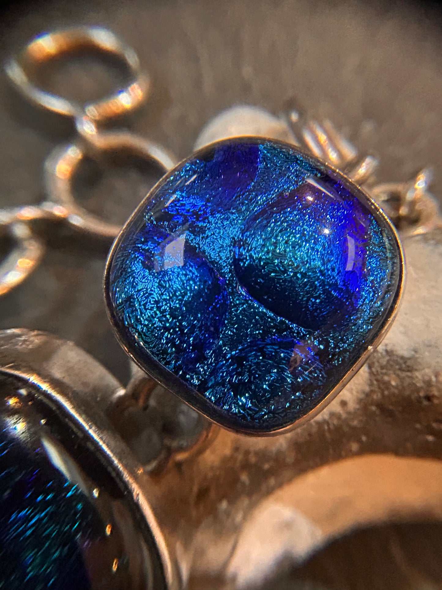 Exceptional vintage sterling silver dichroic glass link bracelet