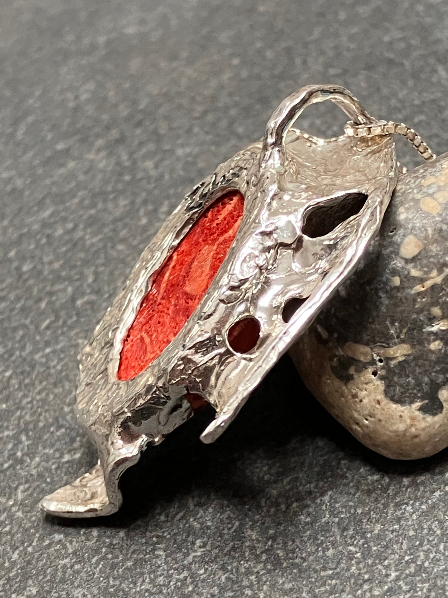 Statement vintage sterling silver and sponge coral artisan pendant with original vintage chain.