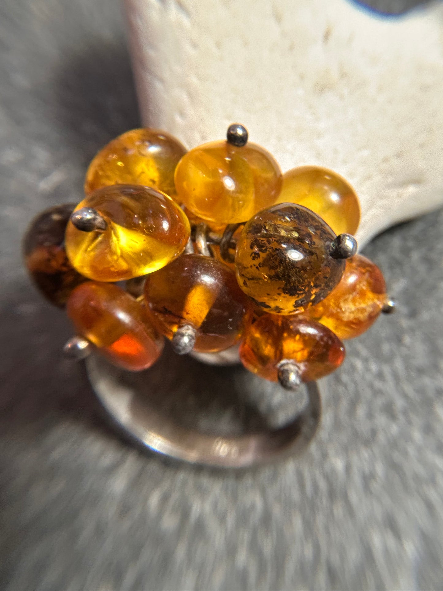Vintage Sterling Silver & Amber Cluster Ring