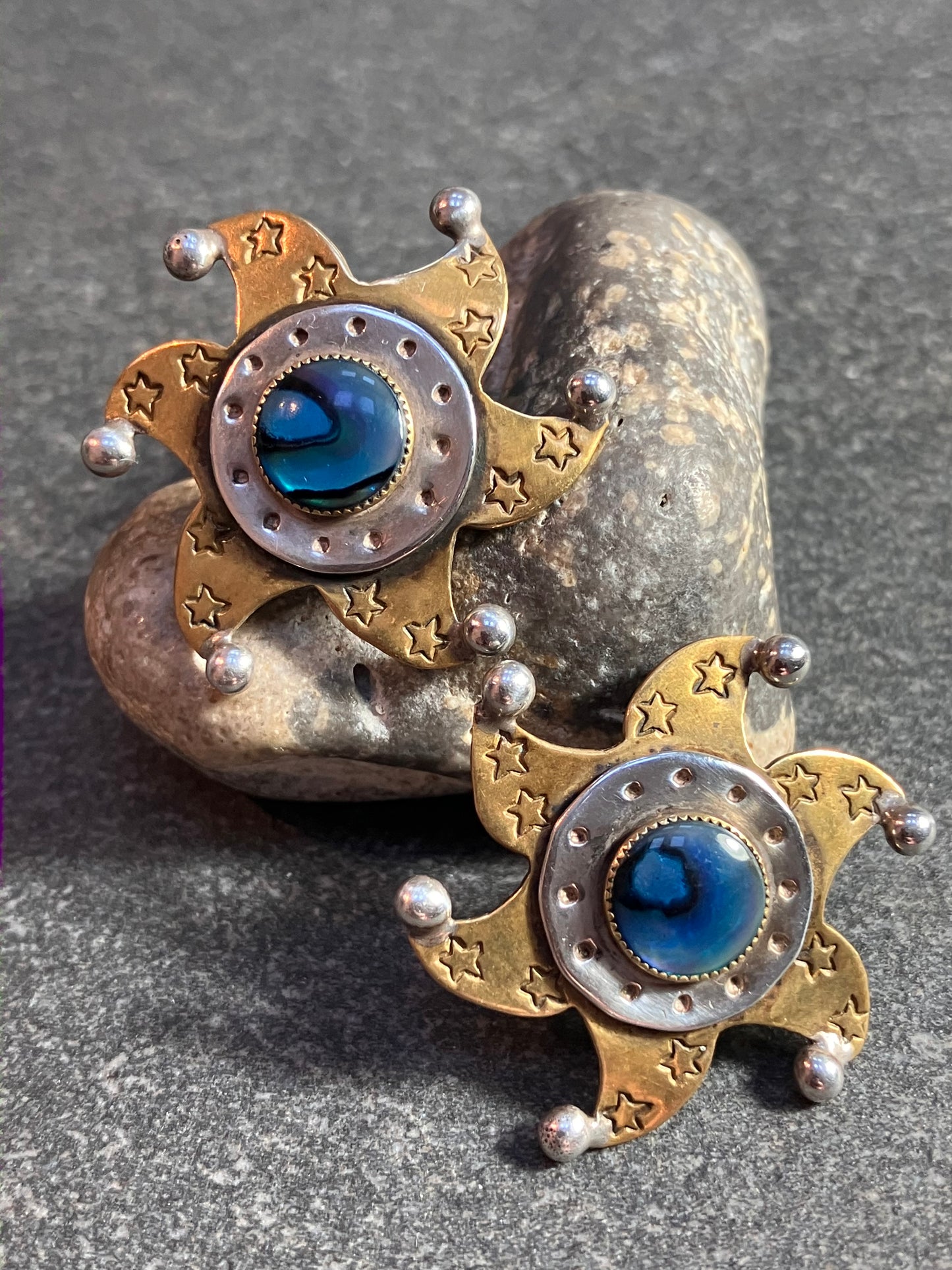 Vintage brass and sterling silver ornate star earrings.
