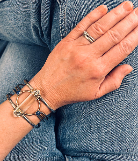 Exceptional Vintage Uma Silbey Sterling Silver, Copper, Quartz and Lapis Lazuli Bangle – Collector's Piece