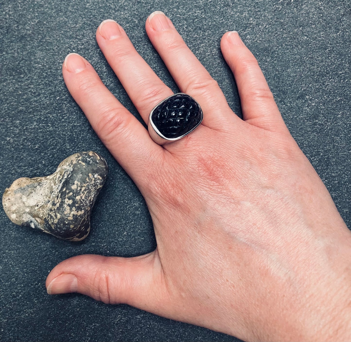 Vintage sterling silver Blue goldstone ring.