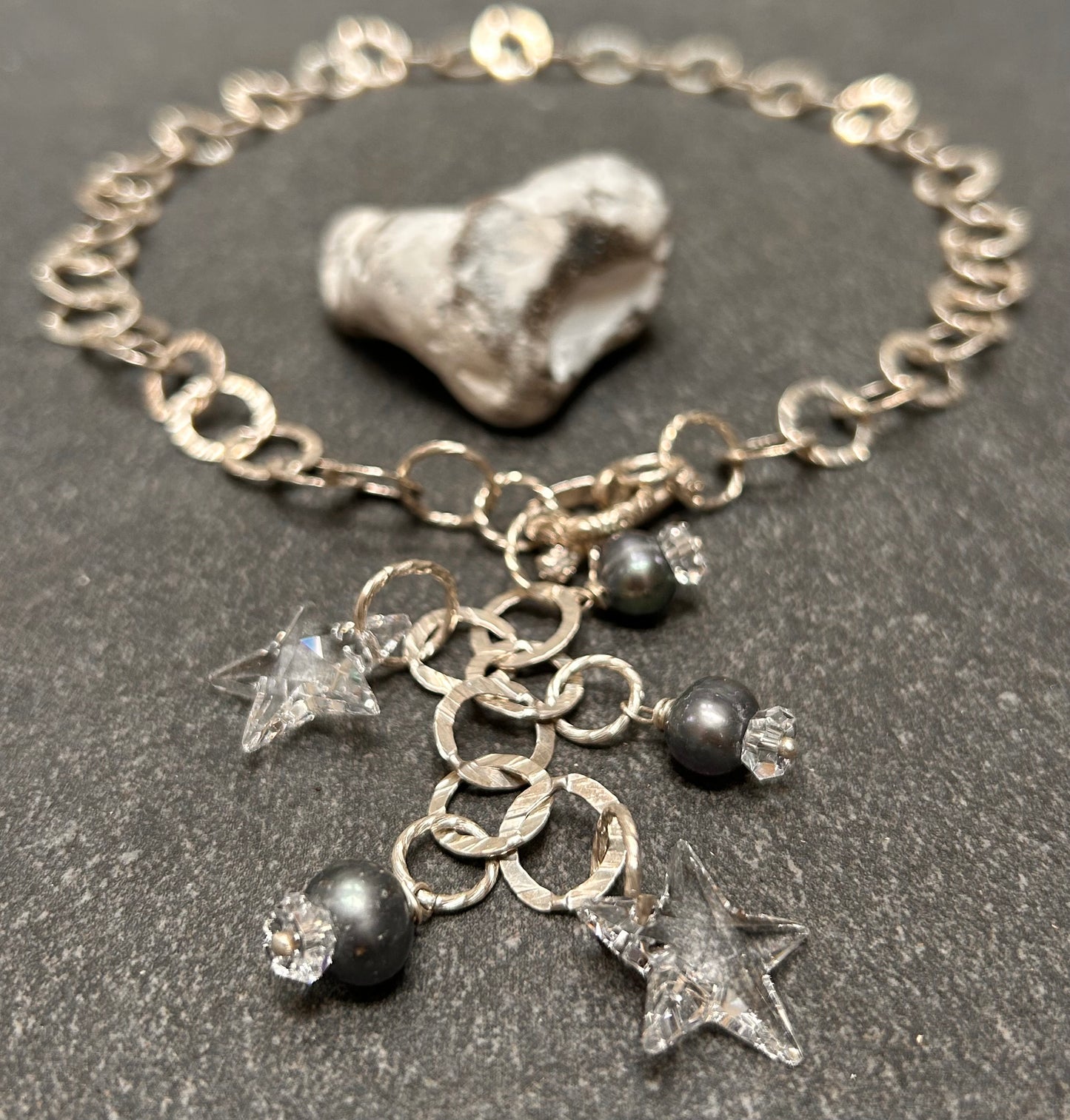 Vintage Artisan Sterling Silver Star & Pearl Necklace