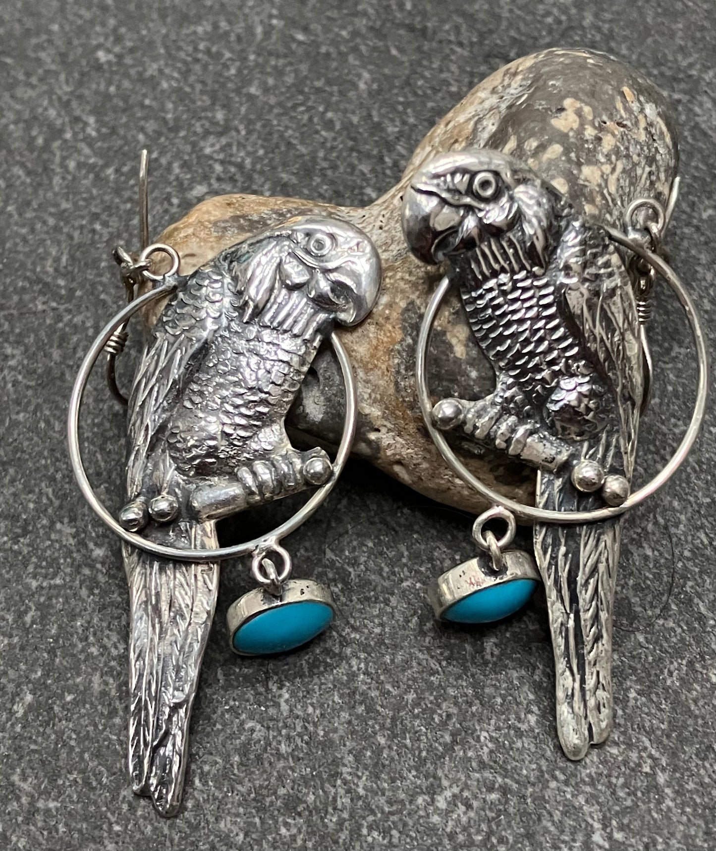 Absolutely super fun vintage sterling silver Native American parrot earrings!