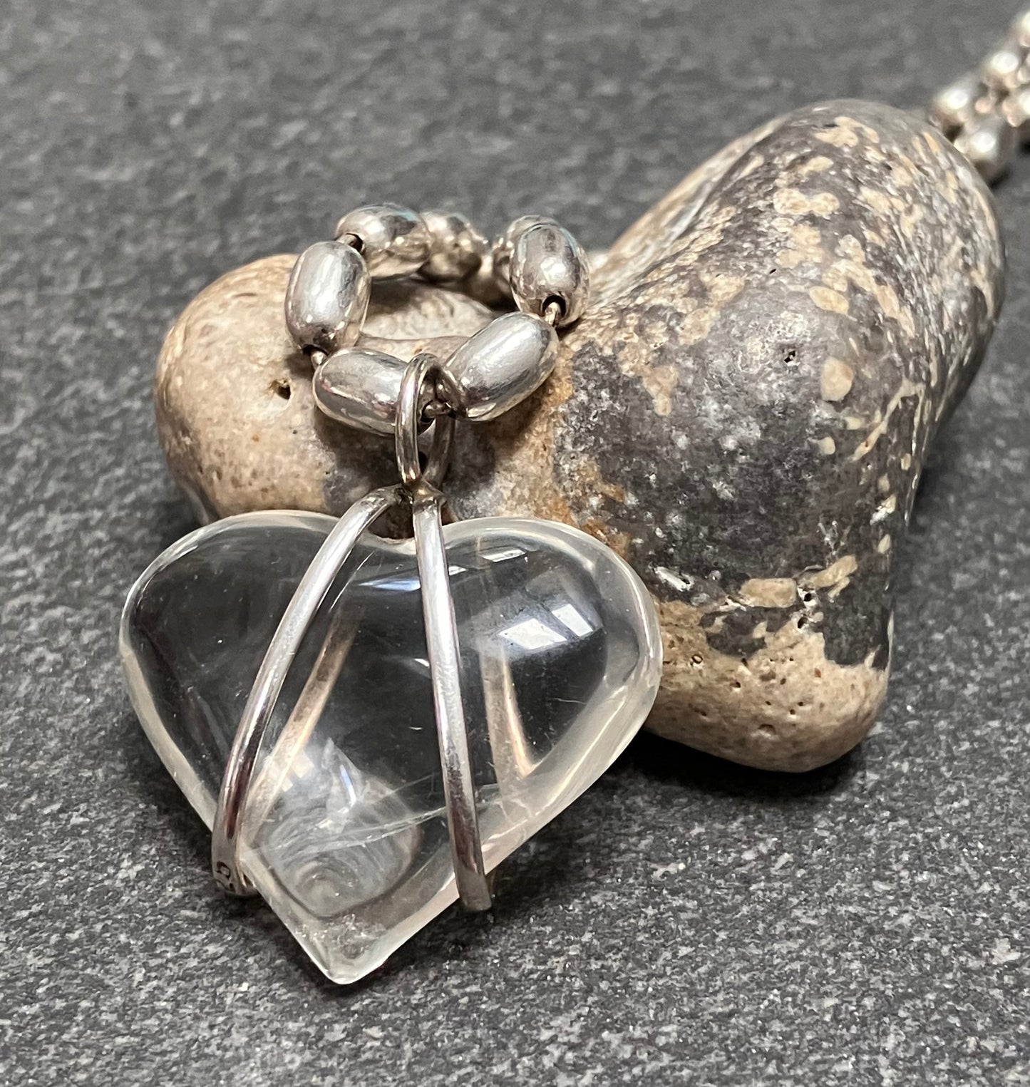 Vintage sterling silver and clear quartz stone heart necklace with original sterling chain.