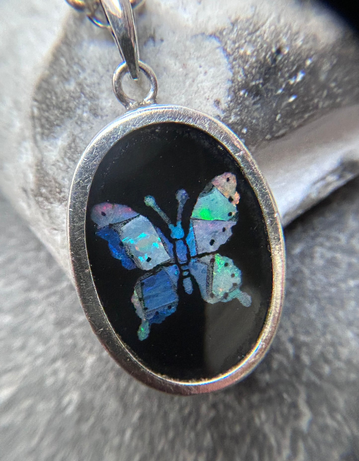 Vintage Sterling Silver, Black Onyx & Opal Butterfly Necklace