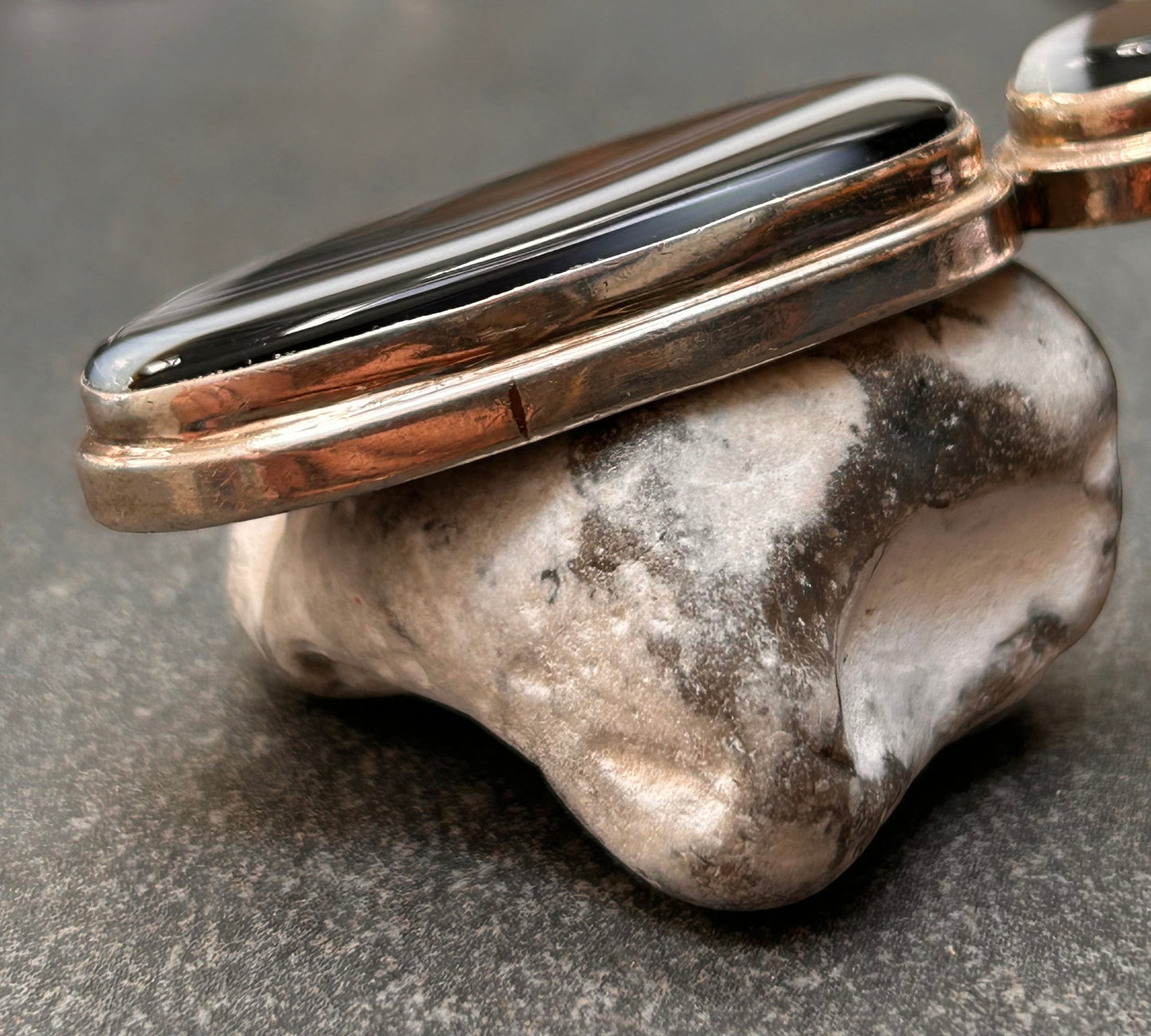 Vintage Sterling Silver Black Banded Agate Statement Pendant.