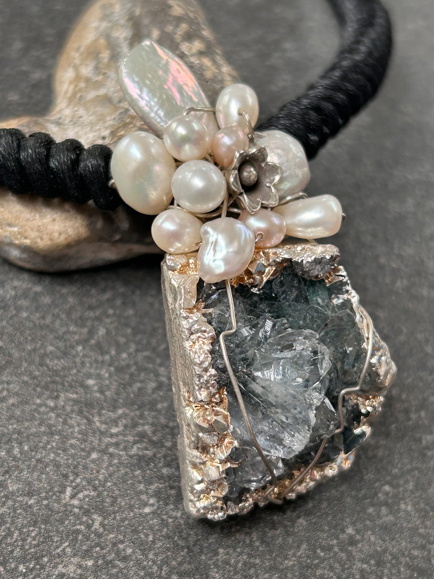 Unique handmade artisan pendant, a combination of Aquamarine crystal, pearls and sterling silver
