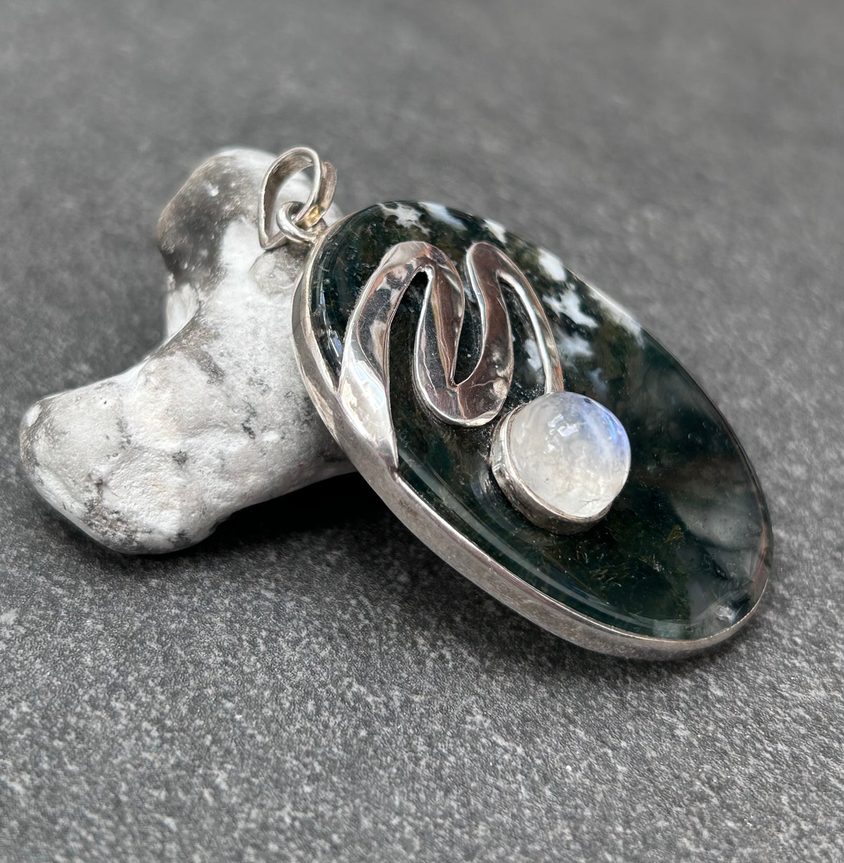 Moss Agate & Moonstone Statement Pendant