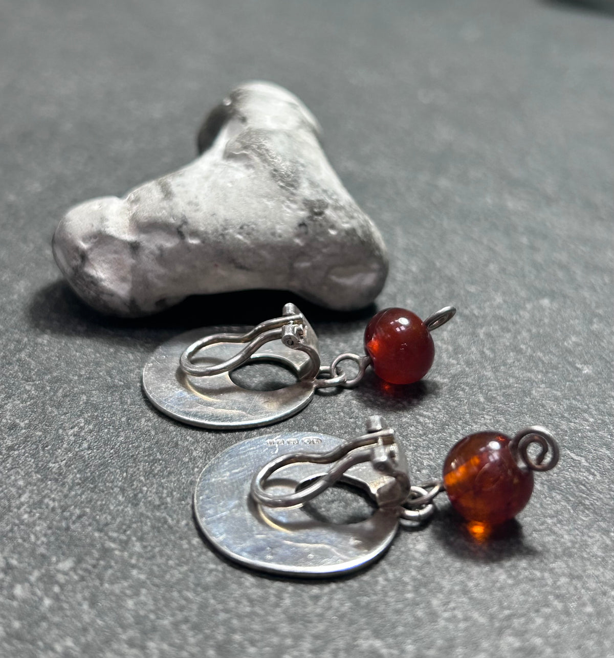 Vintage Sterling Silver & Amber Drop Clip Earrings – Hallmarked London, 1993