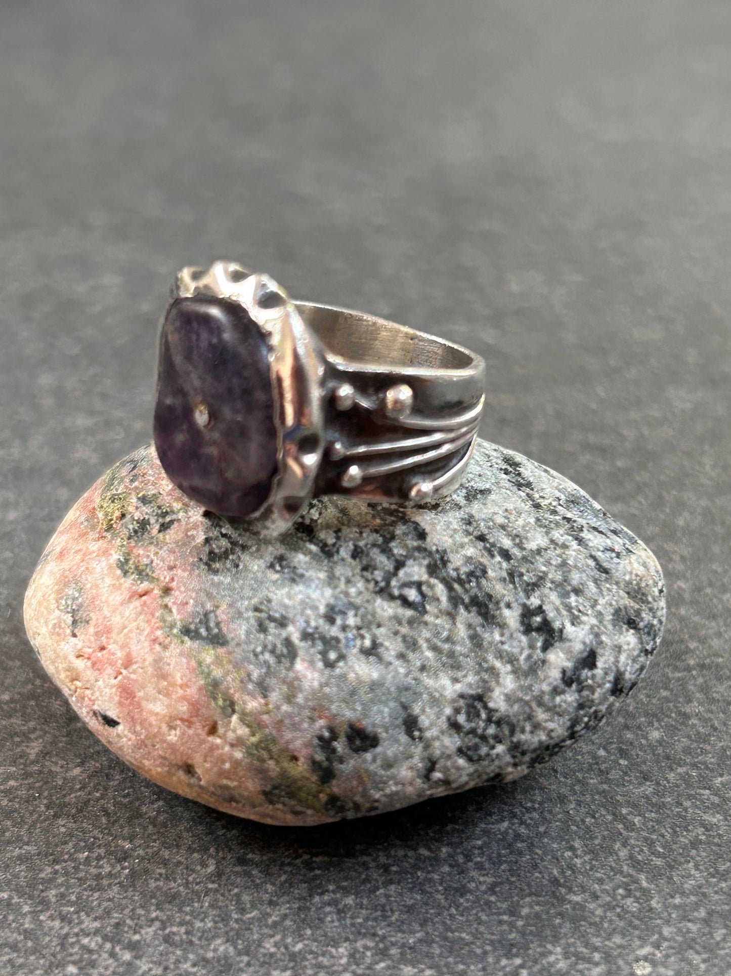 This artisan amethyst ring is a striking, one-of-a-kind.