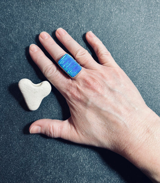 Dichroic Glass Statement Ring – Aqua Ocean Light