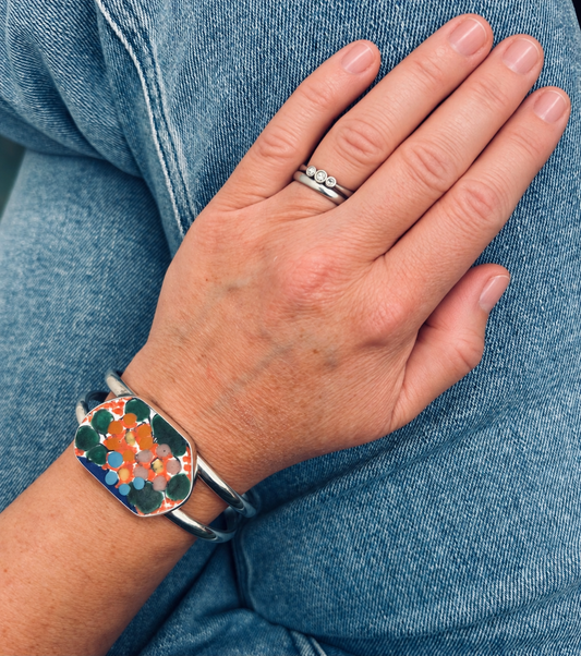 Vintage Sterling Silver & Hand-Painted Ceramic Panel Bangle