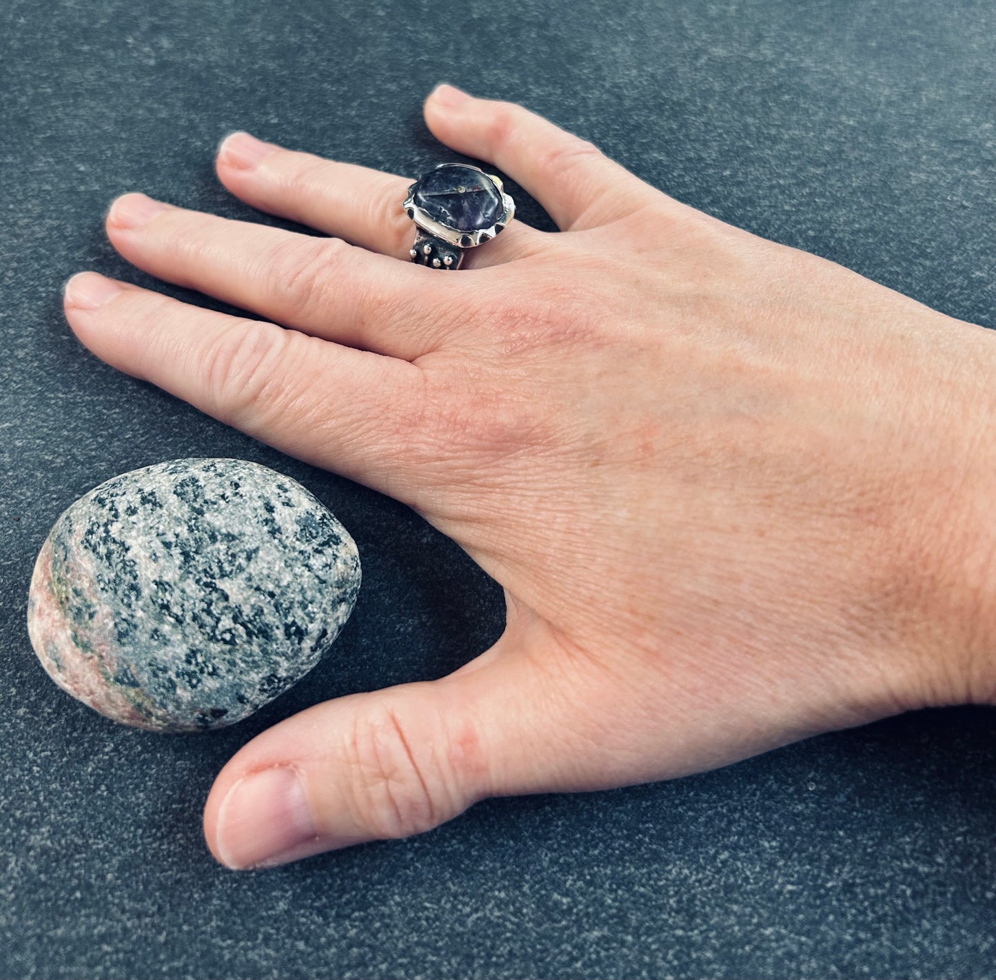 This artisan amethyst ring is a striking, one-of-a-kind.