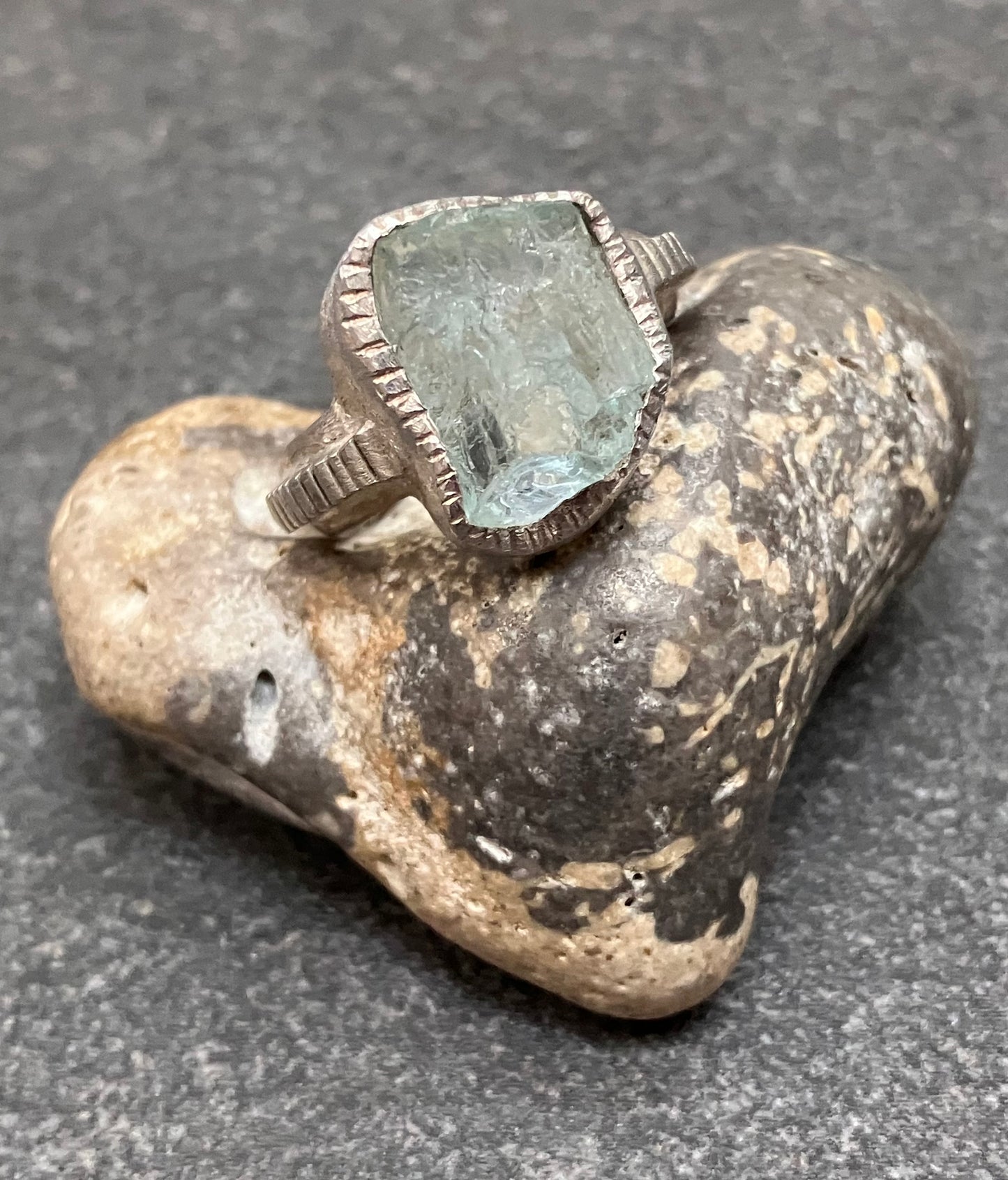 Artisan vintage ‘one off’ raw cut piece of aquamarine crystal ring.