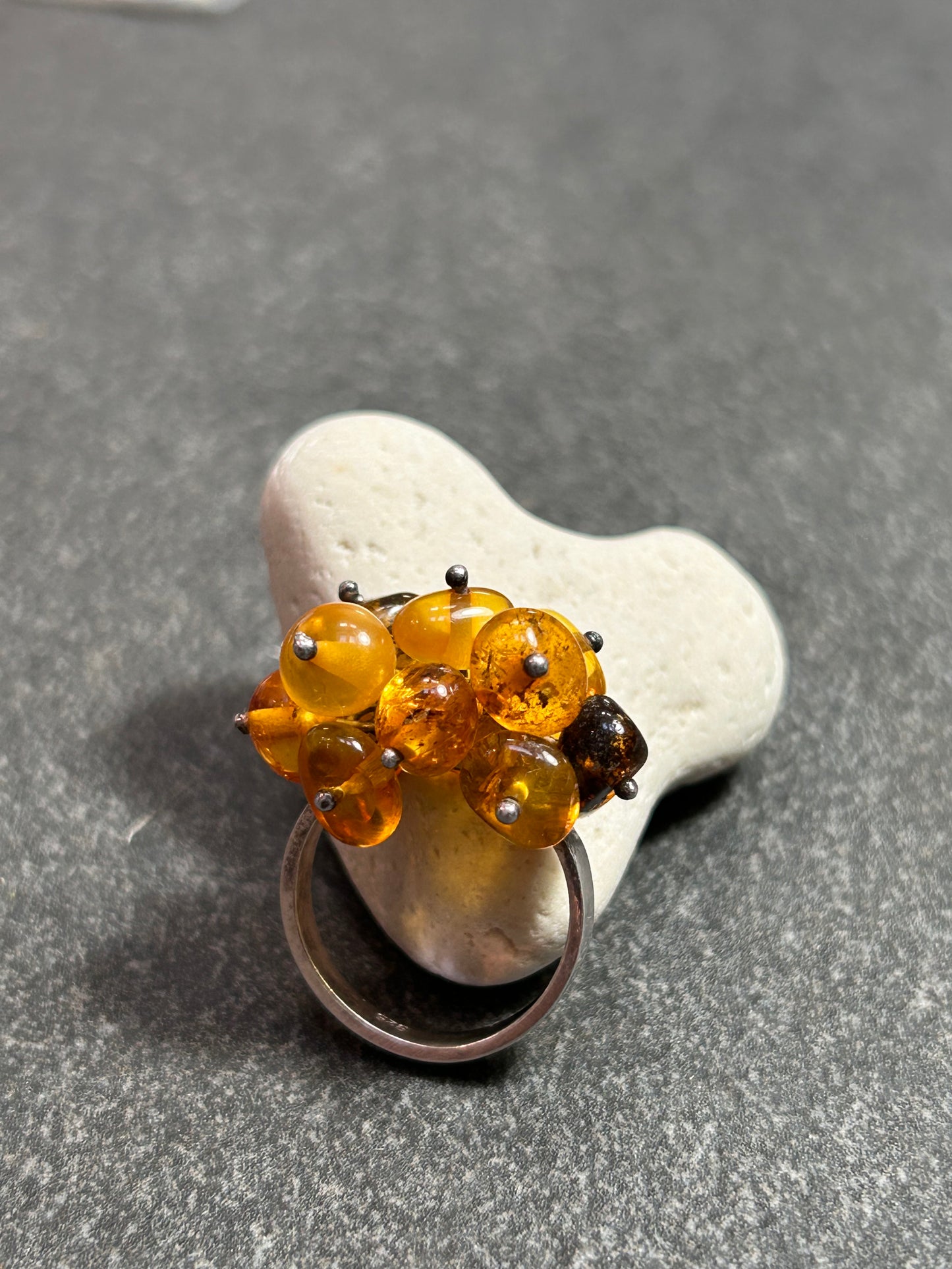 Vintage Sterling Silver & Amber Cluster Ring