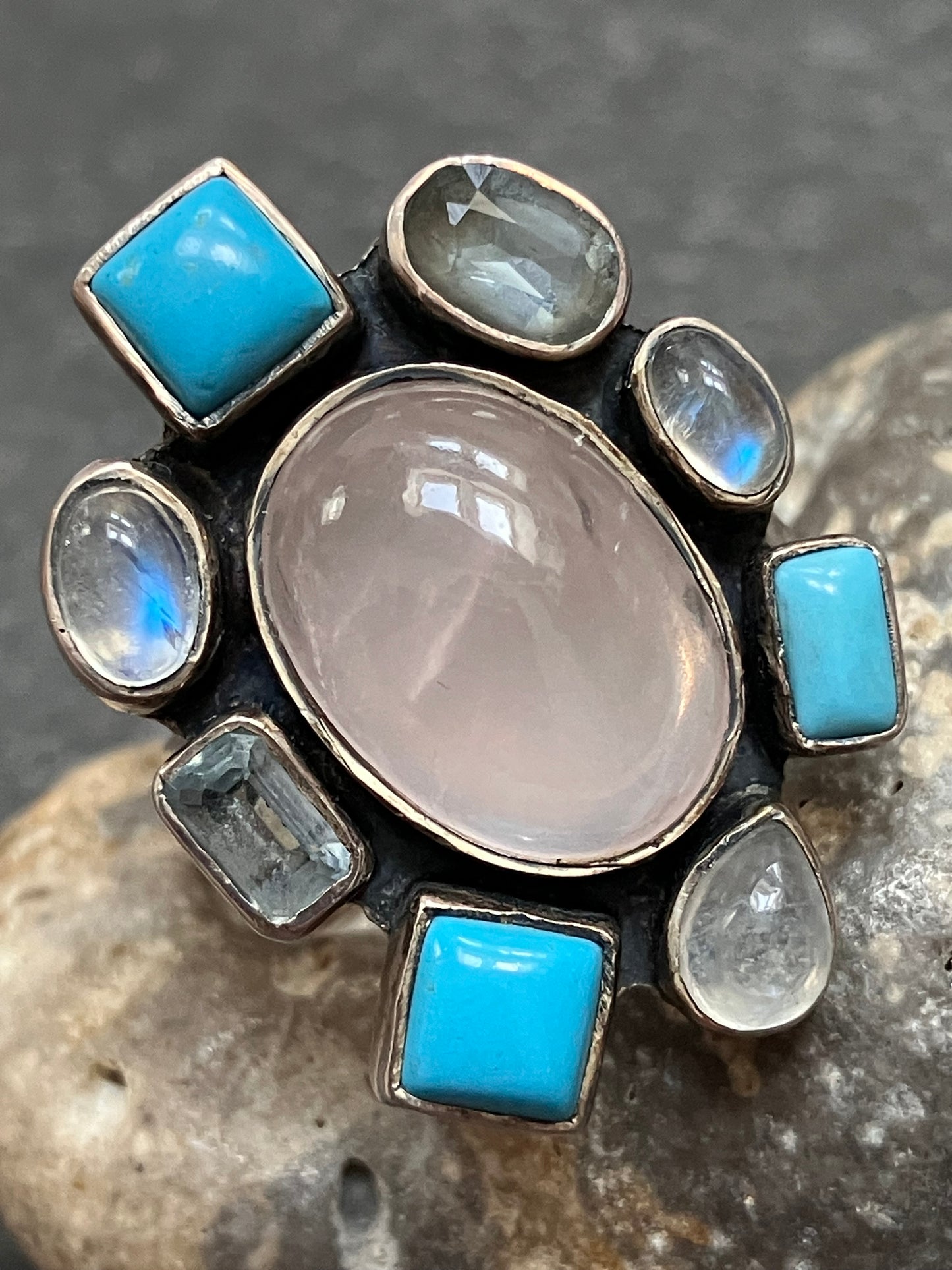 Fantastic vintage sterling silver ring set with a wonderful array of stones.