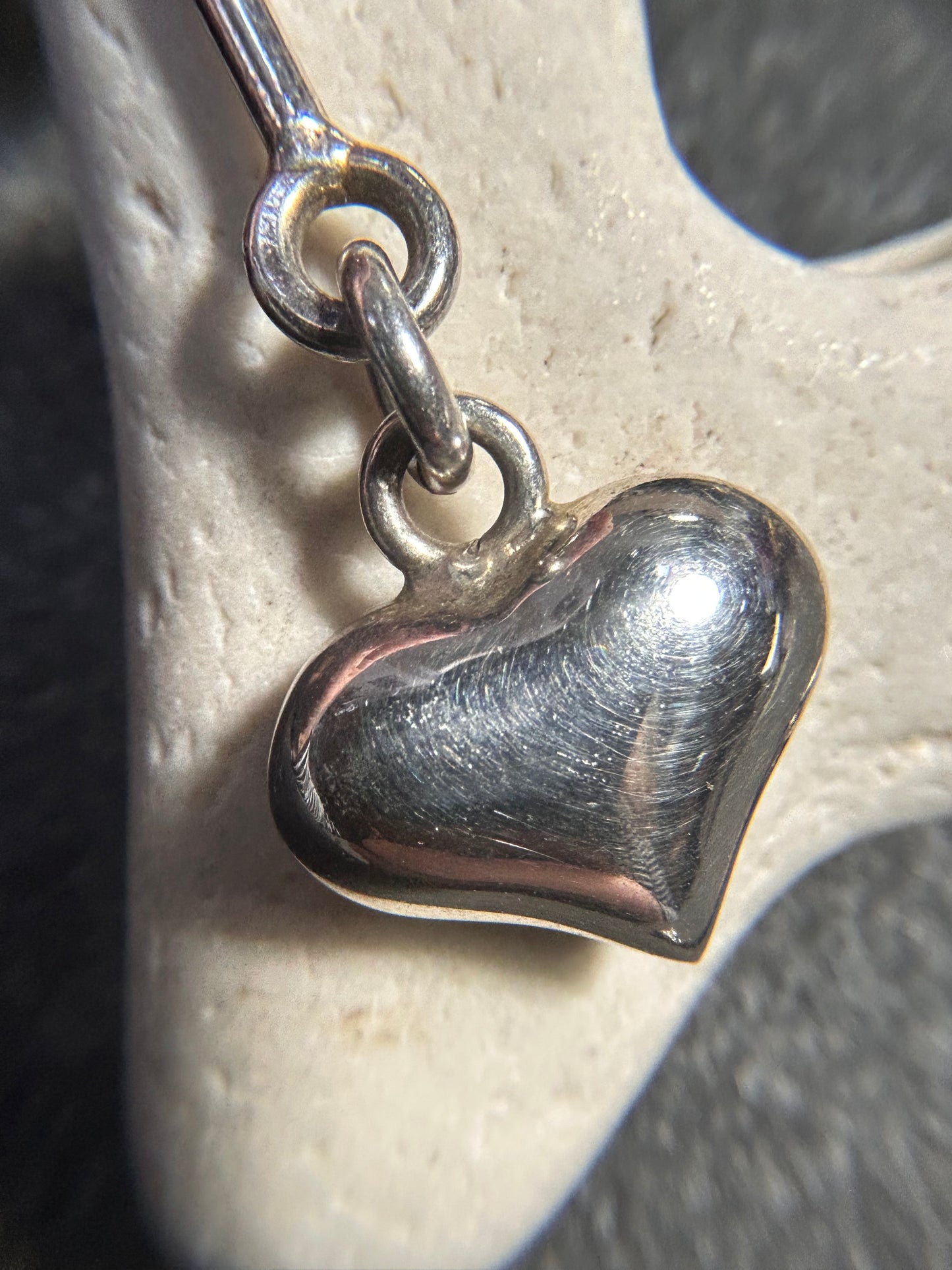 Vintage Sterling Silver Puff Heart Dangle Earrings