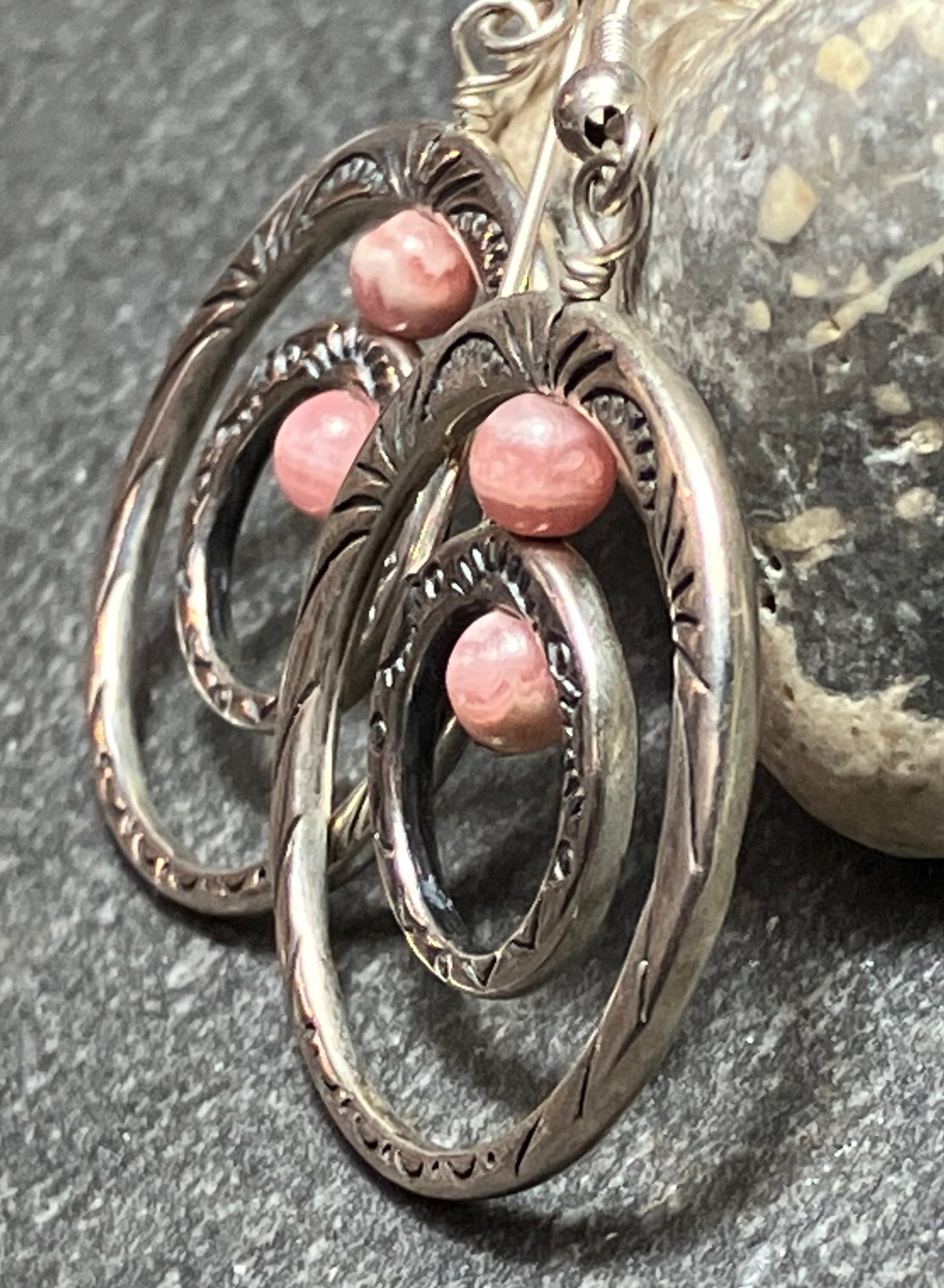 Vintage sterling silver earrings with natural pink Rhodochrosite beads.