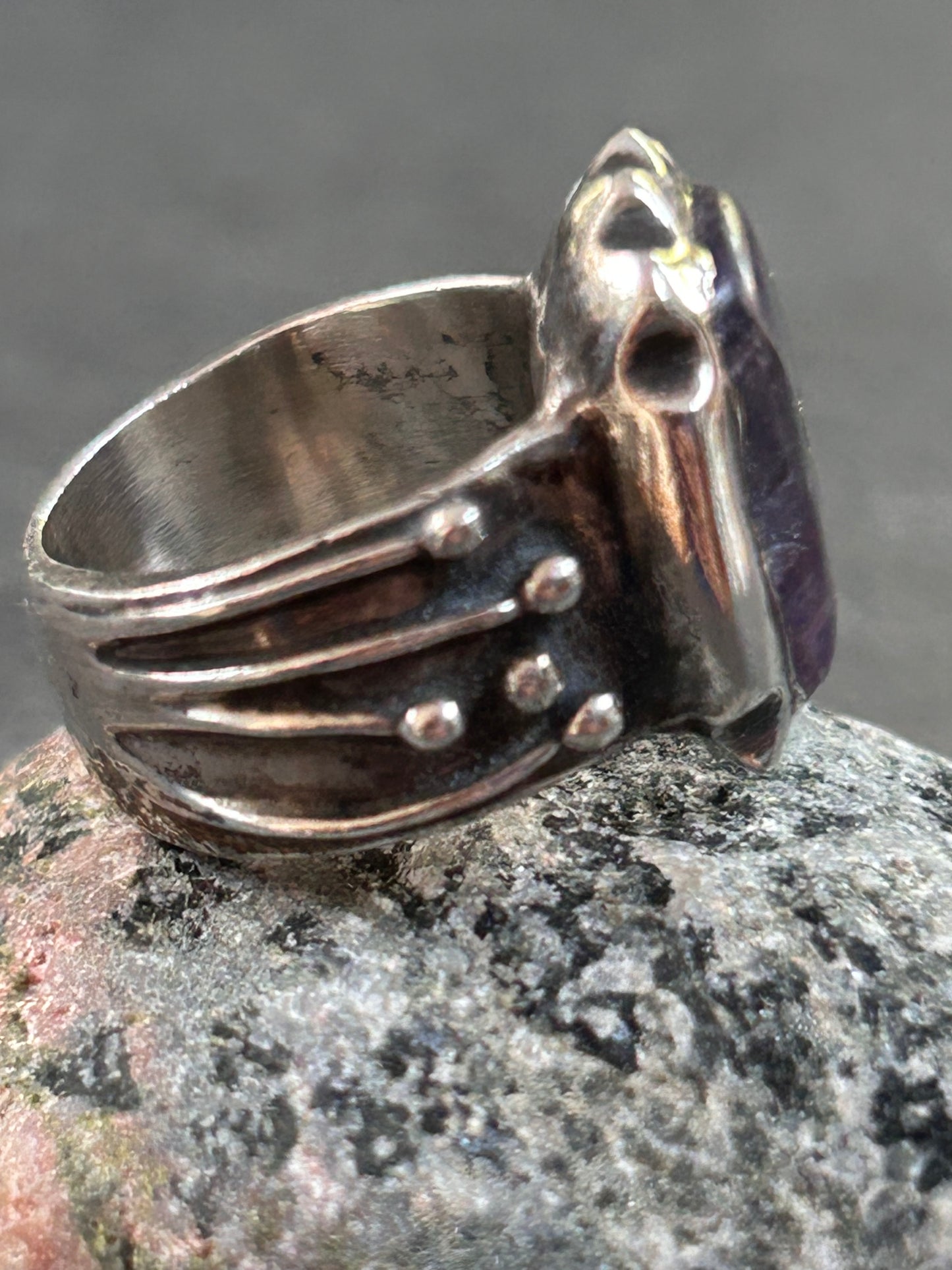 This artisan amethyst ring is a striking, one-of-a-kind.