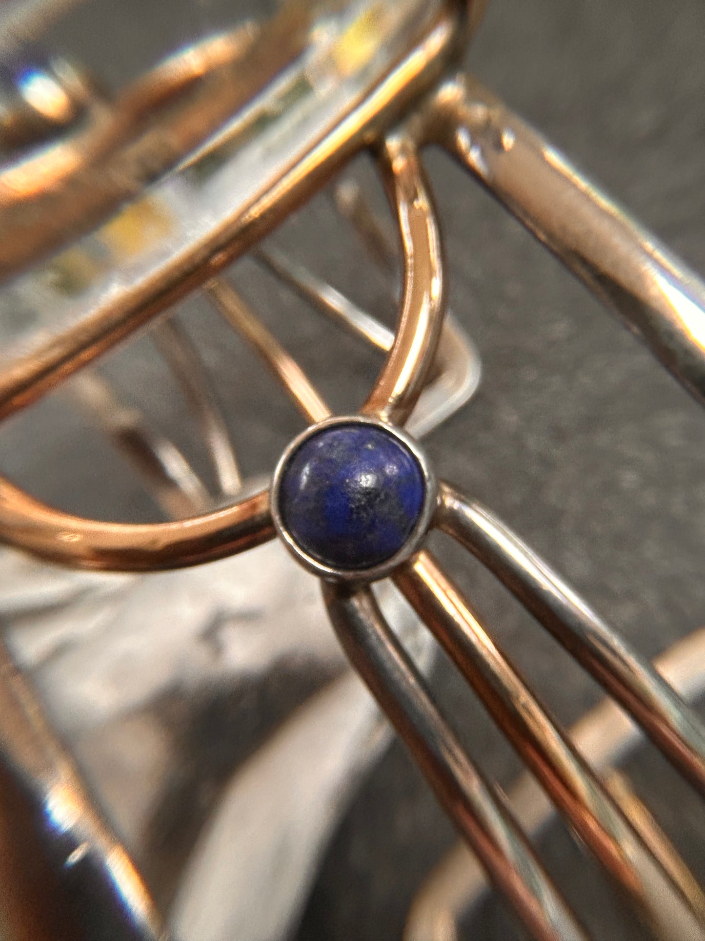 Exceptional Vintage Uma Silbey Sterling Silver, Copper, Quartz and Lapis Lazuli Bangle – Collector's Piece
