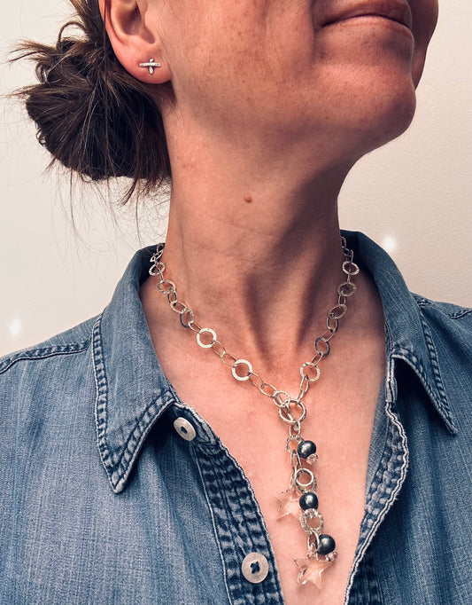Vintage Artisan Sterling Silver Star & Pearl Necklace
