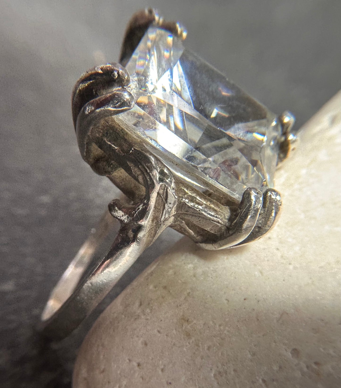 vintage Polish ring is crafted in sterling silver and set with a beautifully cut rectangular quartz crystal