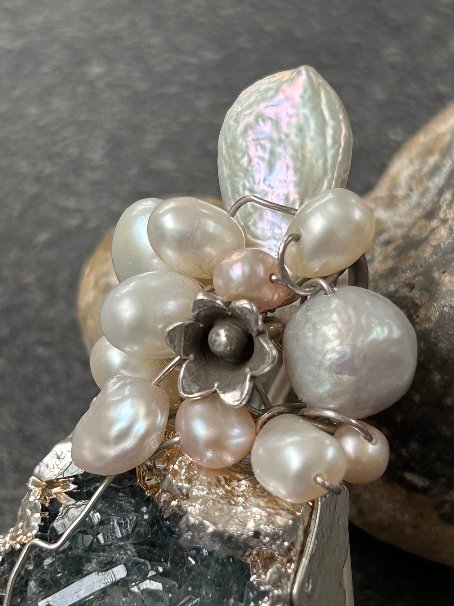 Unique handmade artisan pendant, a combination of Aquamarine crystal, pearls and sterling silver