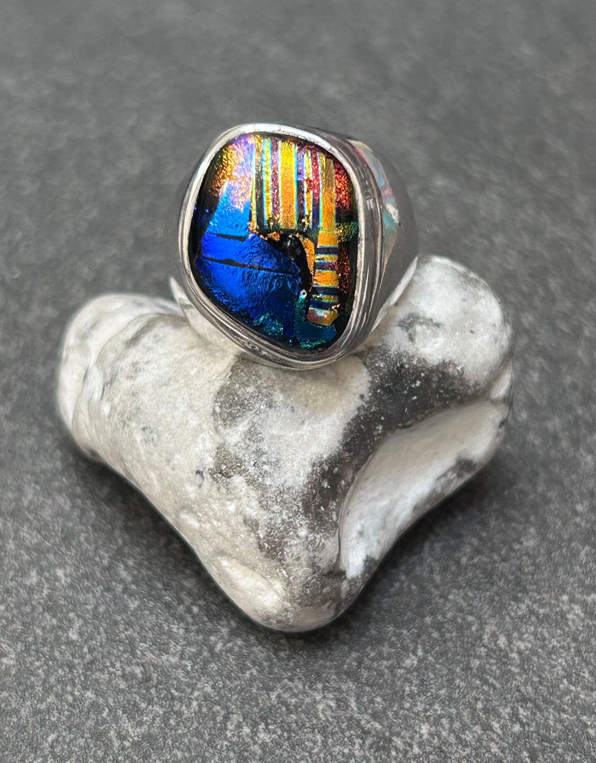 Artisan Vintage Sterling Silver Dichroic Glass Ring – Blue Skies & Sunset Hues