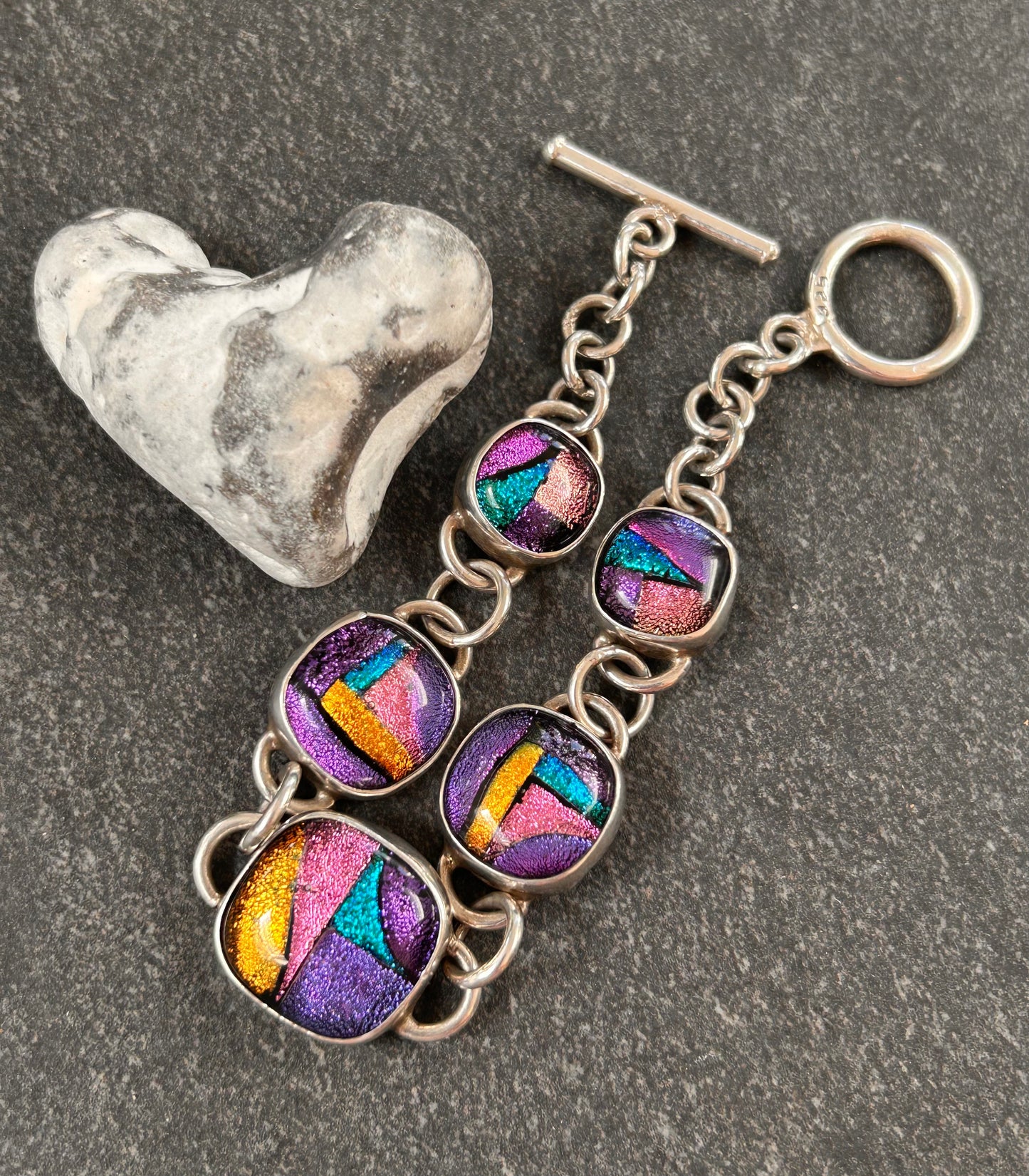Vintage Sterling Silver Dichroic Glass Bracelet – Statement Piece