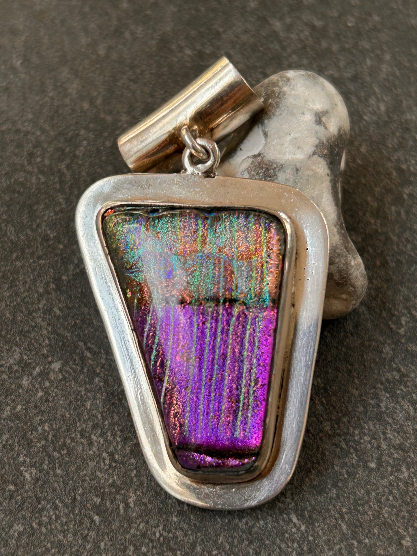 A striking vintage sterling silver dichroic glass pendant in an exceptional large statement size