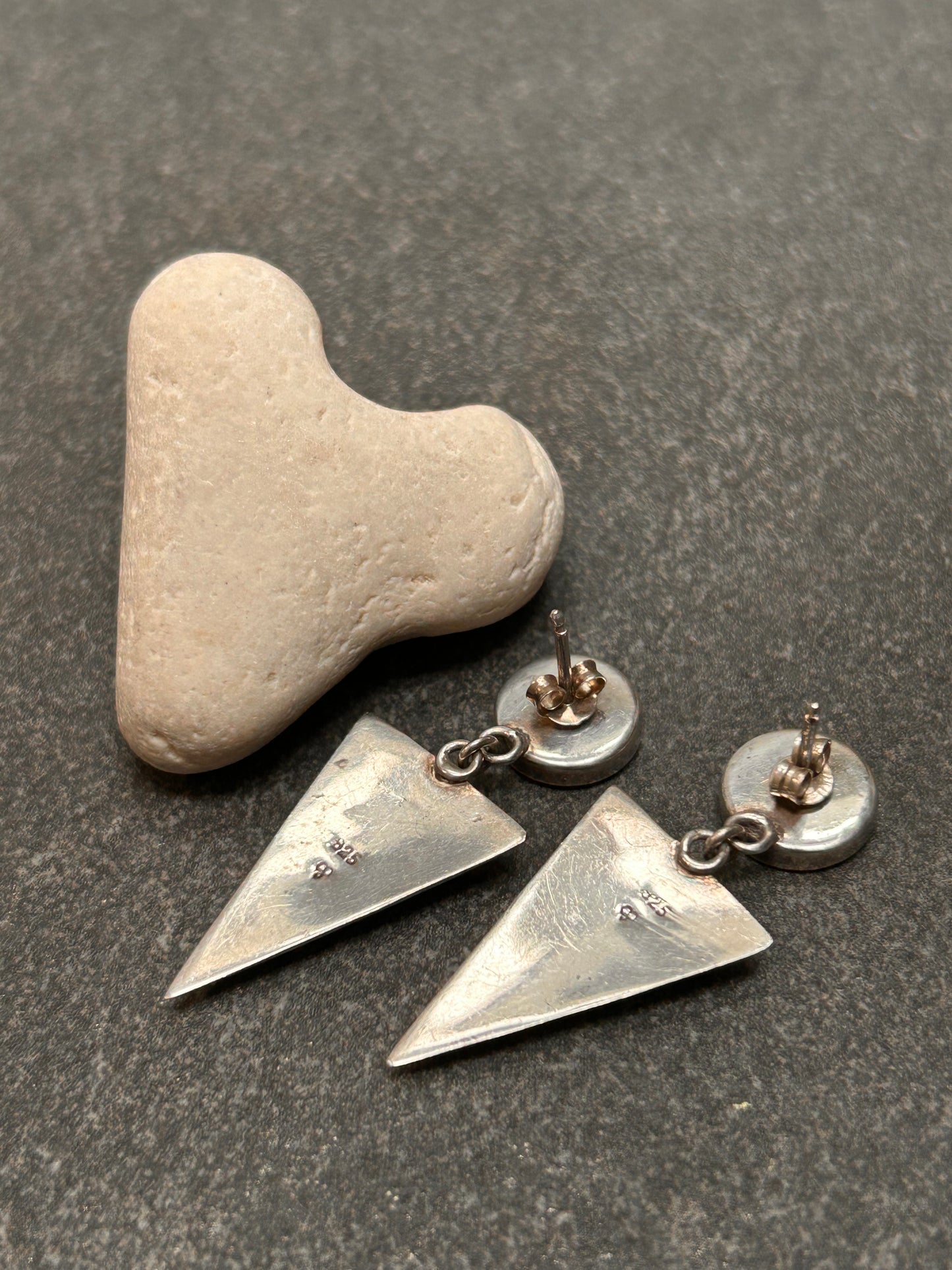 A pair of vintage sterling silver geometric drop earrings with a distinct 1980s aesthetic.