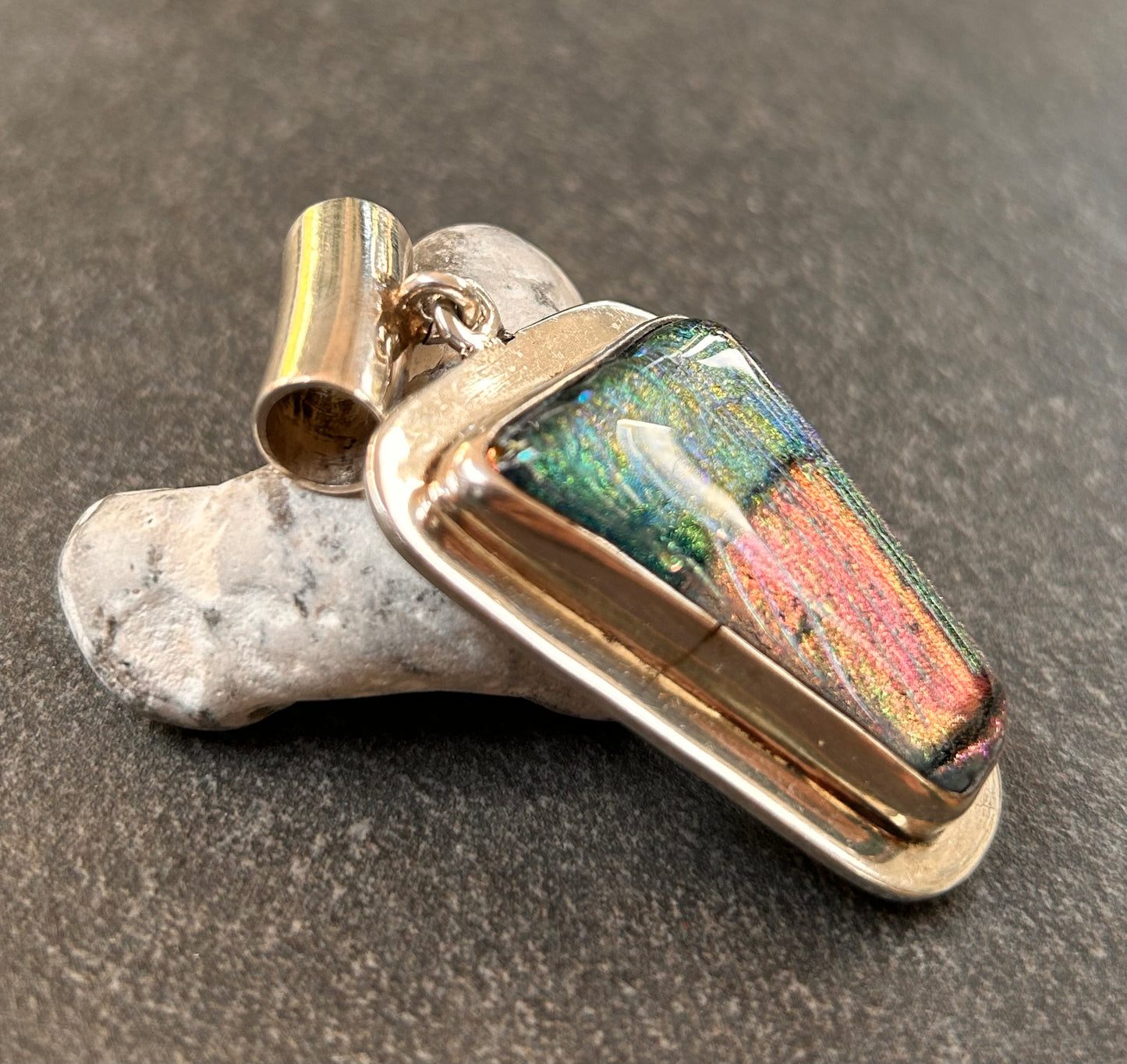 A striking vintage sterling silver dichroic glass pendant in an exceptional large statement size
