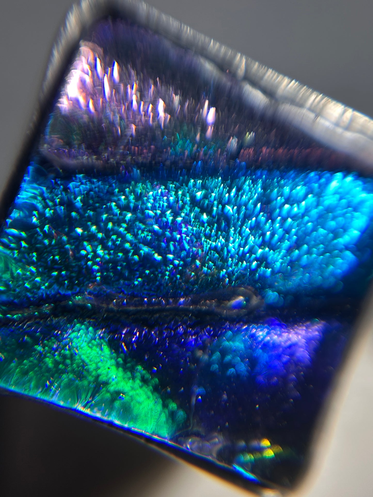 Vibrant vintage sterling silver dichroic glass ring.