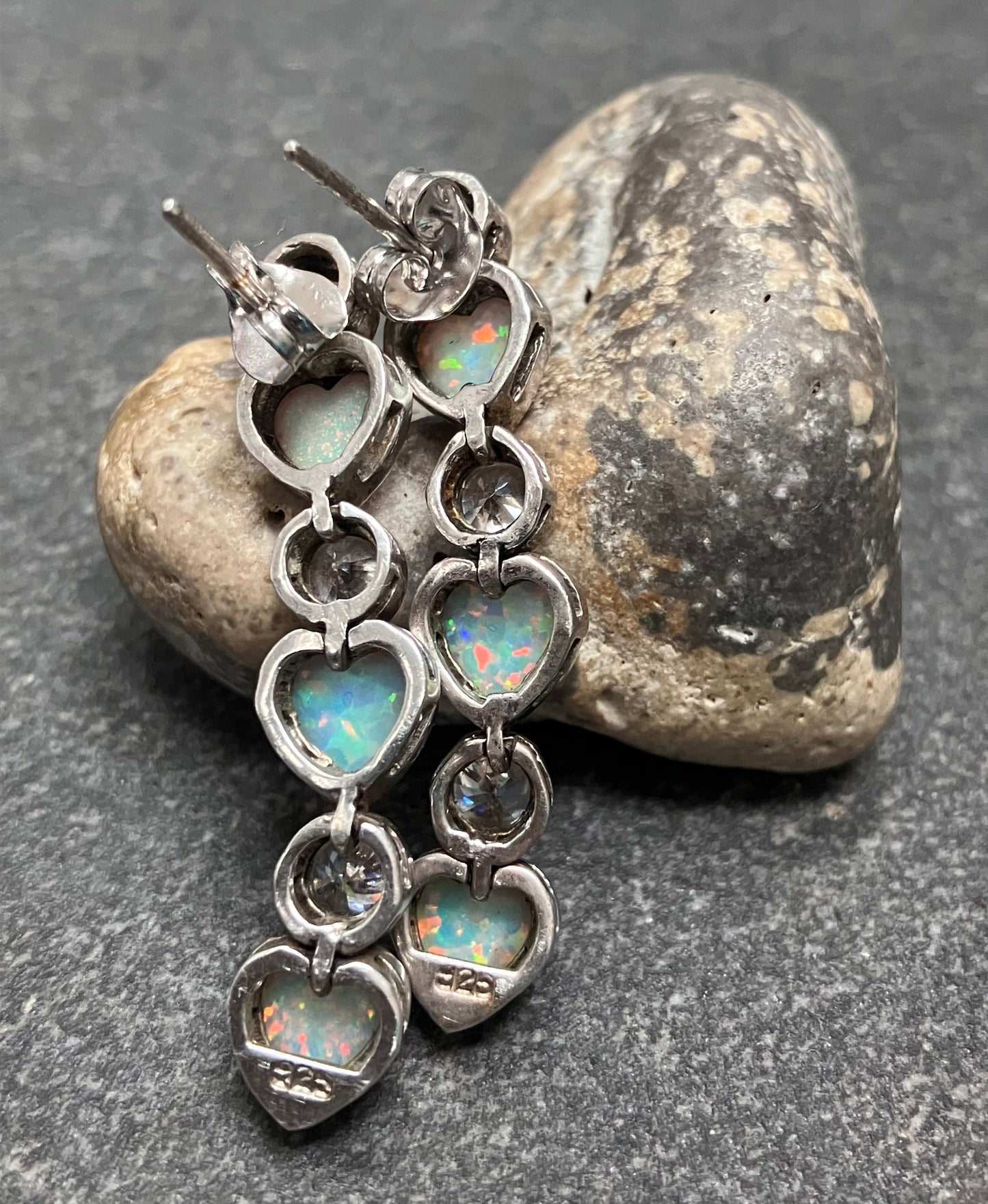 Elegant vintage sterling silver synthetic opal drop earrings.