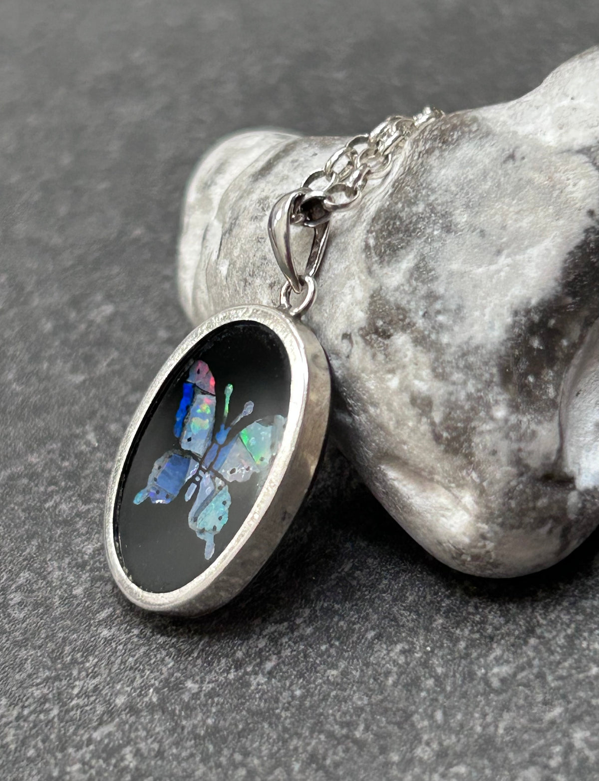 Vintage Sterling Silver, Black Onyx & Opal Butterfly Necklace